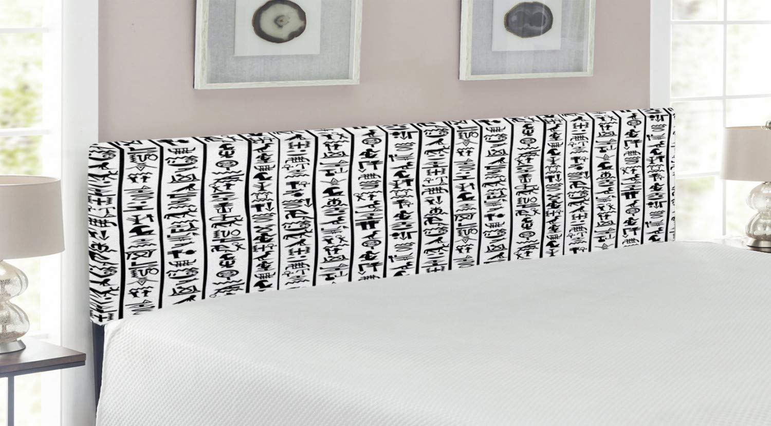 Ambesonne Egyptian Print King Size Headboard - Upholstered Metal Bed Frame with Memory Foam, Black & White Hieroglyphics Alphabet Design | Perfect for Cultural & Themed Bedrooms, Luxury Master Suites
