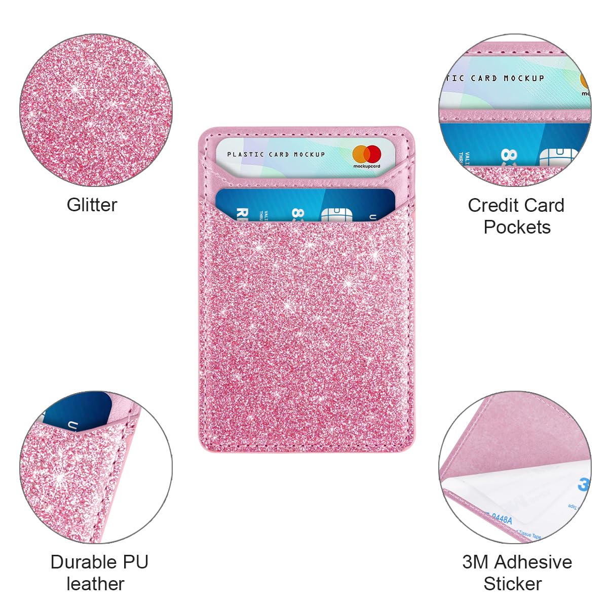 Self Adhesive Card Holder for Phone - Leather RFID Blocking Phone Wallet with Sticky Back - Credit Card Sleeve for Phone Case (Glitter Pink) - Perfect for Hands-Free Shopping & Contactless Payments