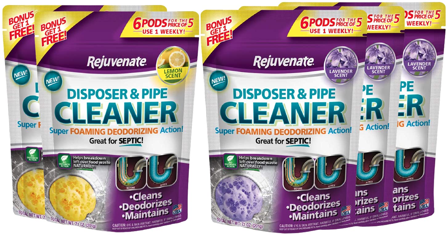 Rejuvenate Garbage Disposal Cleaner Pods - 6 Pack (2 Lemon + 3 Lavender) | Powerful Foaming Action for Drain Pipes | Eliminates Odors & Keeps Kitchen Fresh | Ideal for Daily Sink Maintenance & Dishwasher Cleaning