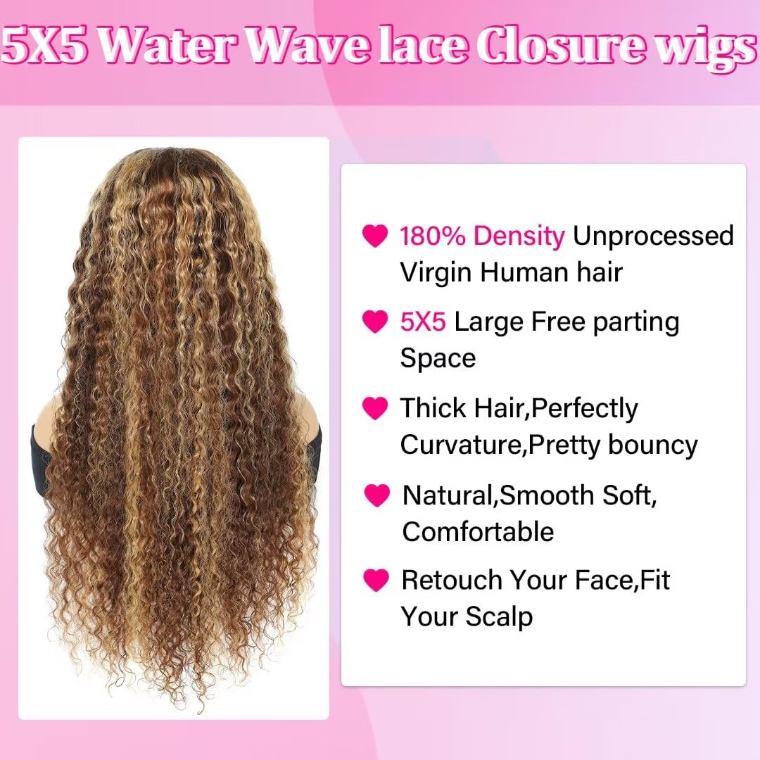 5x5 Water Wave Lace Front Human Hair Wig for Women - 180% Density HD Lace Closure Wig with Baby Hair, Pre-Plucked, Wet & Wavy Honey Blonde Curly 18 Inch - Perfect for Daily Wear, Parties, and Special Occasions