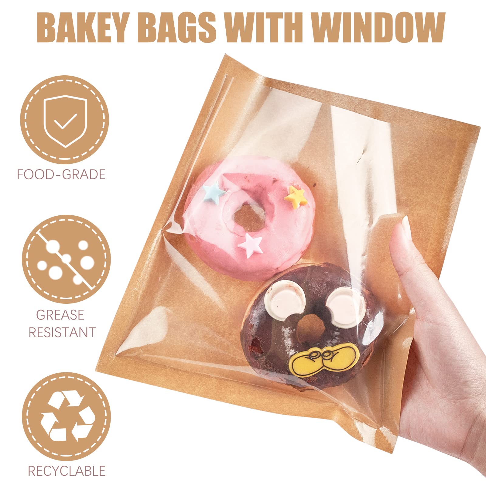 200 Pack Heat Sealable Bakery Bags with Window - 7.1x7.5 Inch Kraft Paper Grease Resistant Cookie Bags for Donuts, Pastries, Muffins & Treats | Ideal for Bakeries, Cafes, Food Trucks & Home Baking