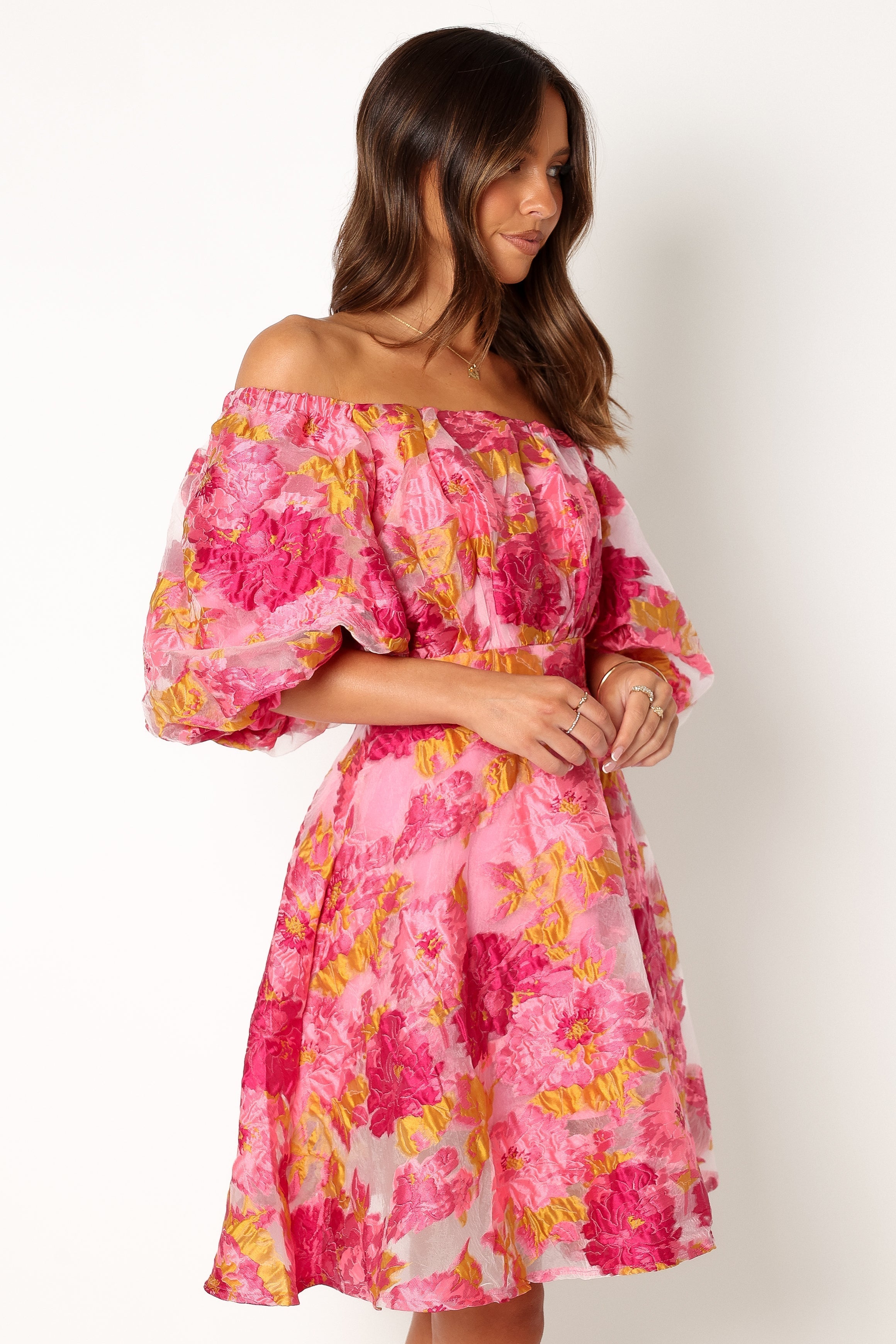 Faye Off Shoulder Mini Dress - Pink Floral Summer Dress for Women, Beach Vacation, Date Night, Party Outfit
