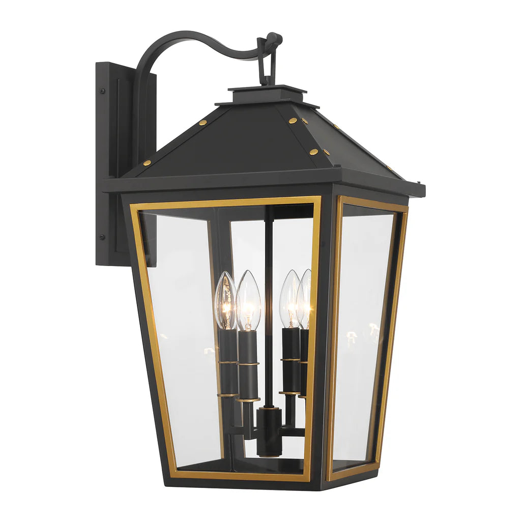 Hawkins 4-Light Outdoor Wall Sconce - 12x22.5 Inch Matte Black Stainless Steel with Textured Gold Finish & Glass Shade - 120V E12 Candelabra Base LED Bulb Compatible - Perfect for Patio, Garden, Porch, Exterior Walls & Entryway Lighting