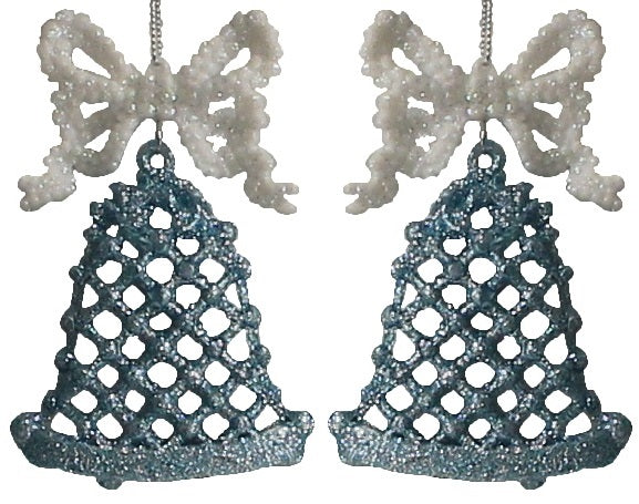 2 Pack Blue Glitter Bell Ornaments for Christmas Tree Decorations - Holiday Party Decor, Gift Topper, Festive Home Decorations
