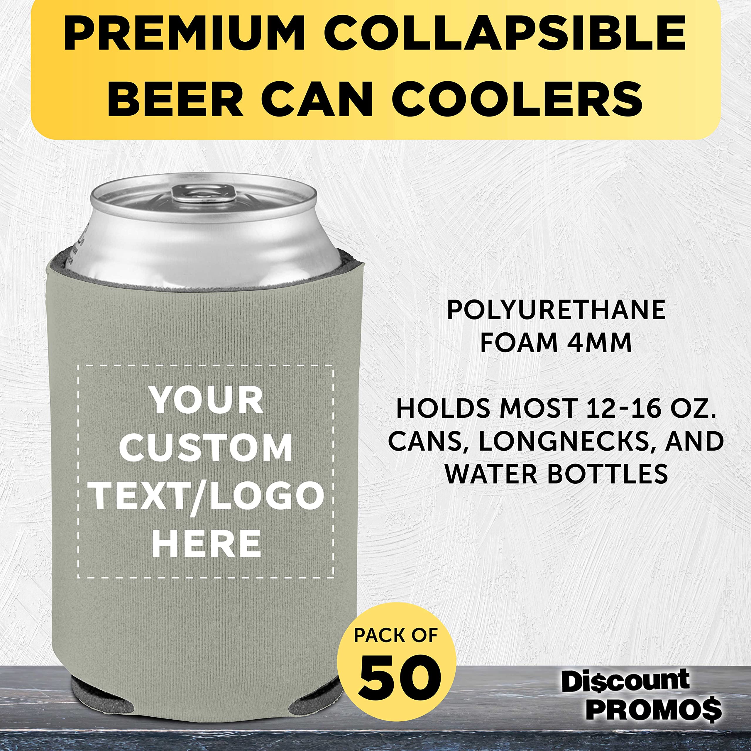 Custom Collapsible Beer Can Coolers 4mm - Set of 50 Bulk Pack - Personalized Insulated Sleeves for Beer, Soda & Beverages - Grey - Perfect for Parties, BBQs, Tailgating & Outdoor Events