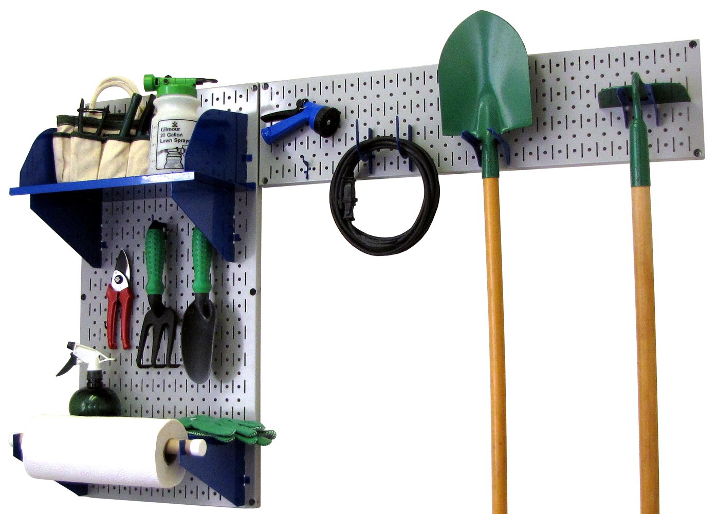 Wall Control Pegboard Garden Supplies Storage Kit - Gray Pegboard with Blue Accessories for Organizing Garden Tools, Shovels, Rakes & More - Perfect for Garage, Shed, or Workshop Organization