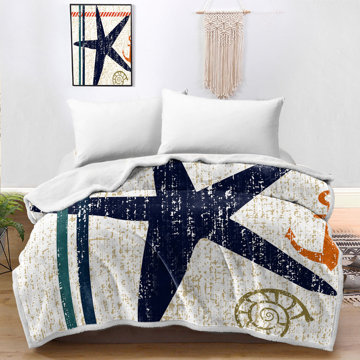 Beachy Starfish Bedspread Blanket - Soft Coral Reef Themed Throw for Coastal Bedroom Decor, Beach House Accent, Summer Nautical Style