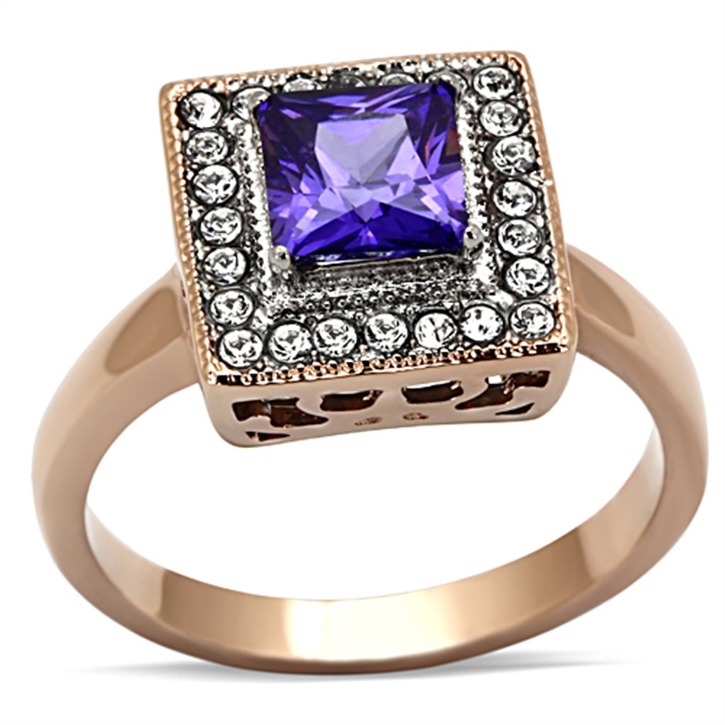 Princess Cut Tanzanite Purple Halo IP Rose Gold Engagement Ring for Women - Elegant Promise & Wedding Jewelry Gift for Her - Perfect for Proposals, Anniversaries, and Special Occasions