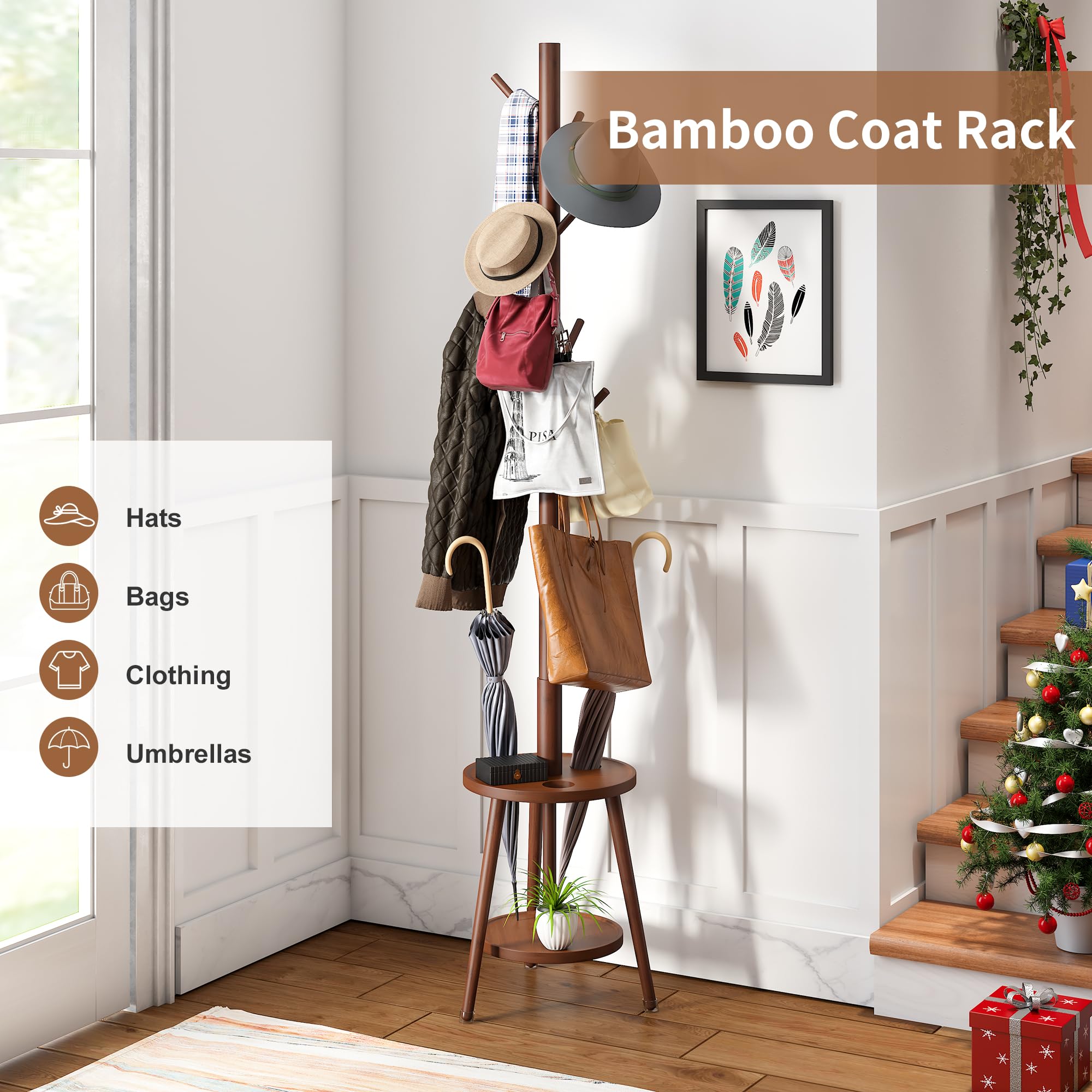 Freestanding Bamboo Coat Rack with 8 Hooks & Umbrella Tray - Space Saving Entryway Organizer for Coats, Bags, Hats & Accessories - Perfect for Hallway, Bedroom or Office Storage (Brown)
