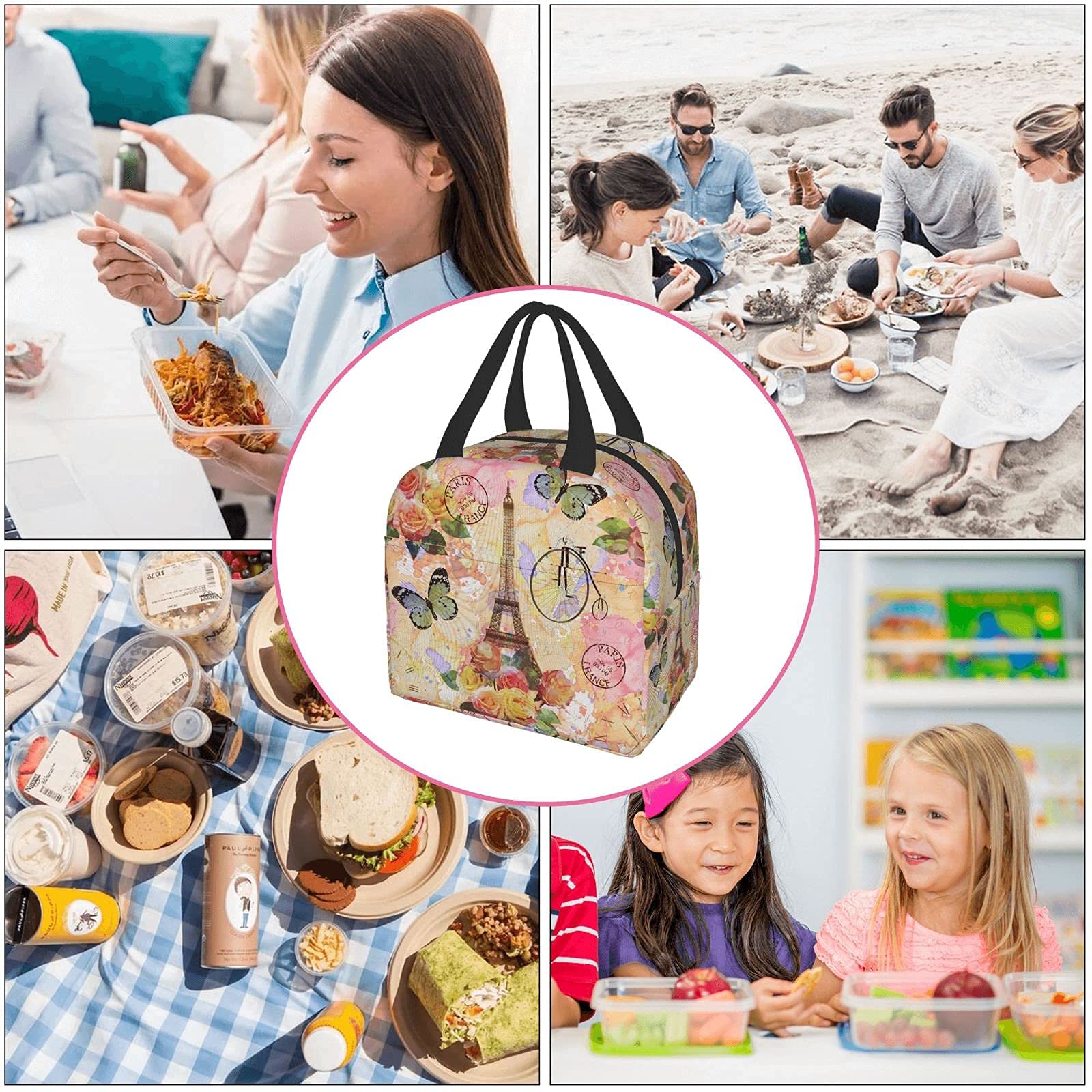 Paris Eiffel Tower Butterfly Floral Print Insulated Lunch Bag - Reusable Tote for Women & Men, School, Office, Work, Picnic & Travel