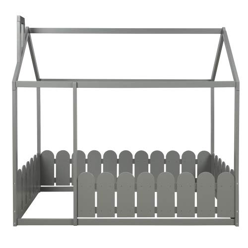 Wood Twin Bed Frame with Fence - Nursery & Cabin Floor Bed for Kids (Gray)