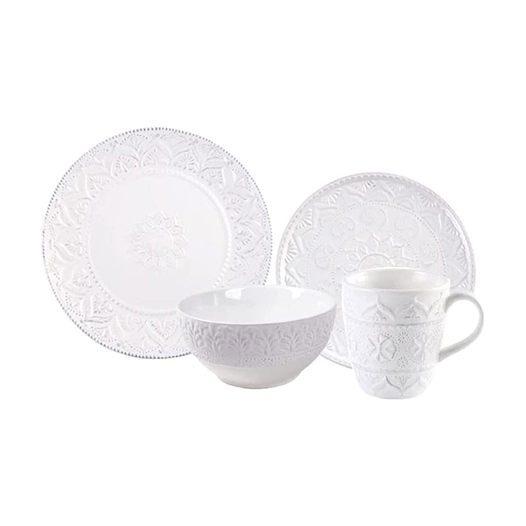 14-Piece White Ceramic Dinnerware Set with Retro Floral Embossing - Plates, Bowls & Mugs for Family Dining | Elegant Underglaze Tableware for 4 People | Perfect for Dinner Parties, Restaurants & Home Decor