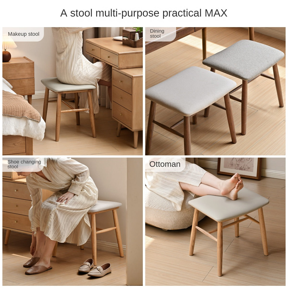 Solid Oak Wood Modern Dressing Stool - Elegant Vanity Seat with Storage for Bedroom & Bathroom | Perfect Makeup Stool, Shoe Bench & Home Decor