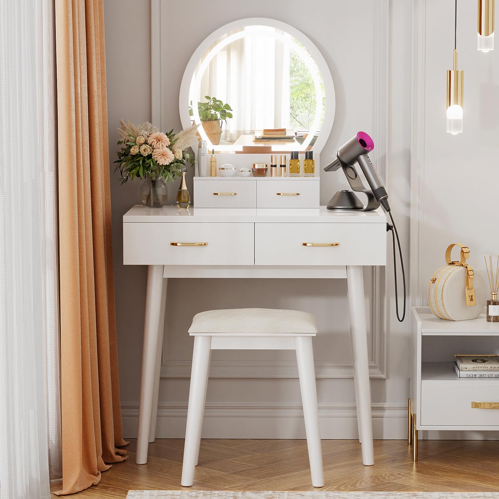 Lighted Makeup Vanity Desk with Mirror - Adjustable 3-Color Lighting & Brightness, Power Outlet, 4 Drawers & Soft Cushioned Stool - White Vanity Table for Women & Girls - Perfect for Bedroom, Dressing Room & Beauty Salon