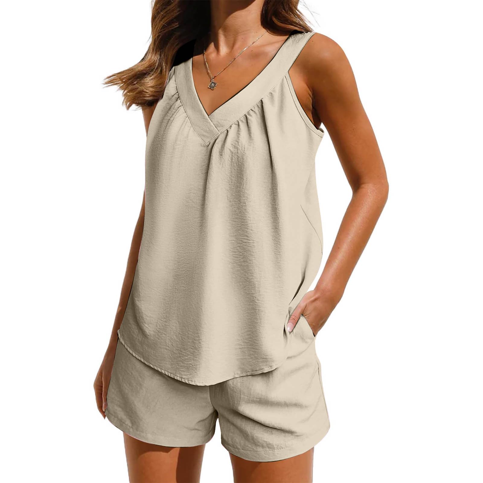 Women's 2-Piece Lounge Set - V-Neck Tank & Shorts with Pockets for Sleep & Vacation