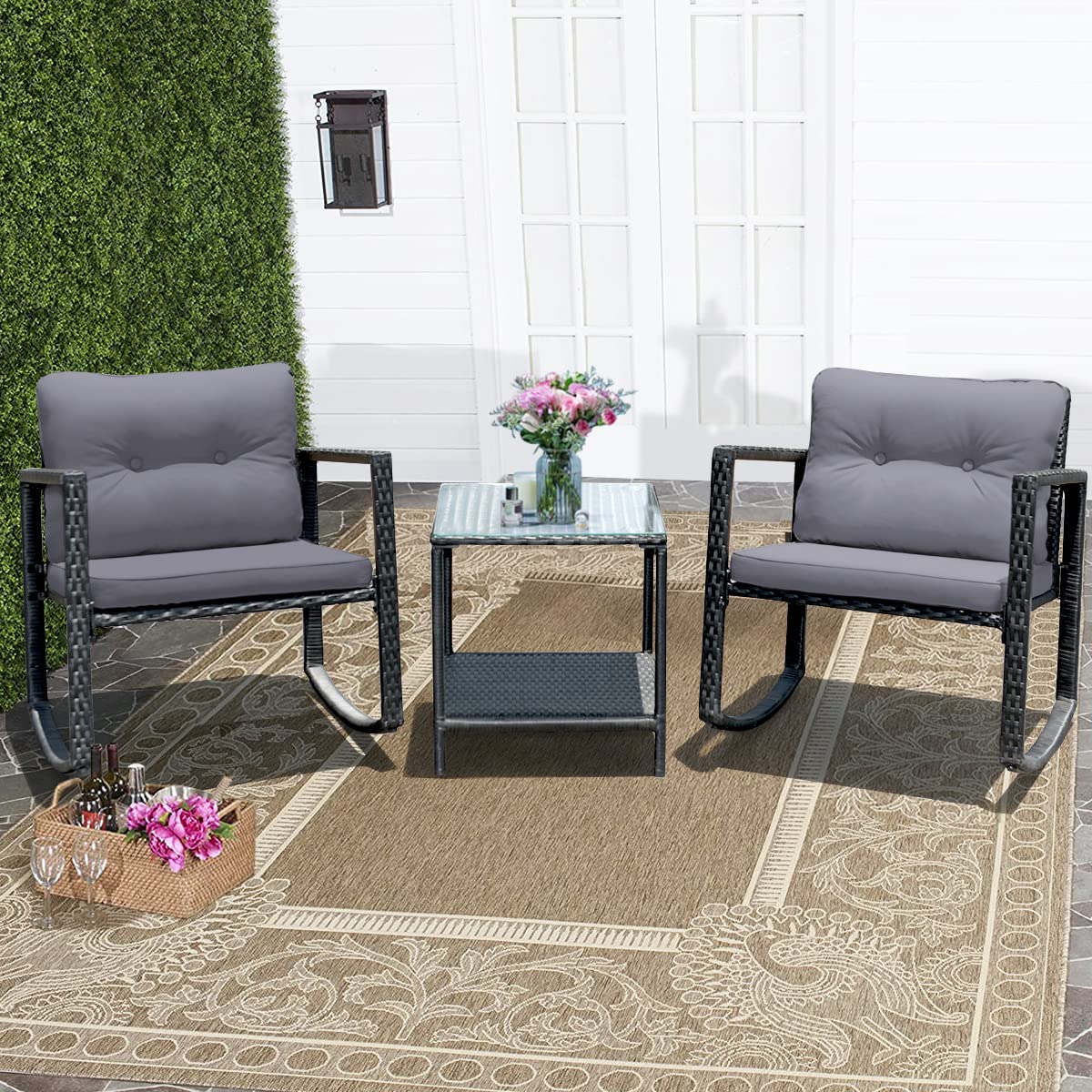 Tangkula 3-Piece Outdoor Patio Wicker Rocking Bistro Set with Cushioned Chairs, Glass Coffee Table & Storage Shelf - Gray | Perfect for Backyard, Garden, Deck or Balcony Relaxation