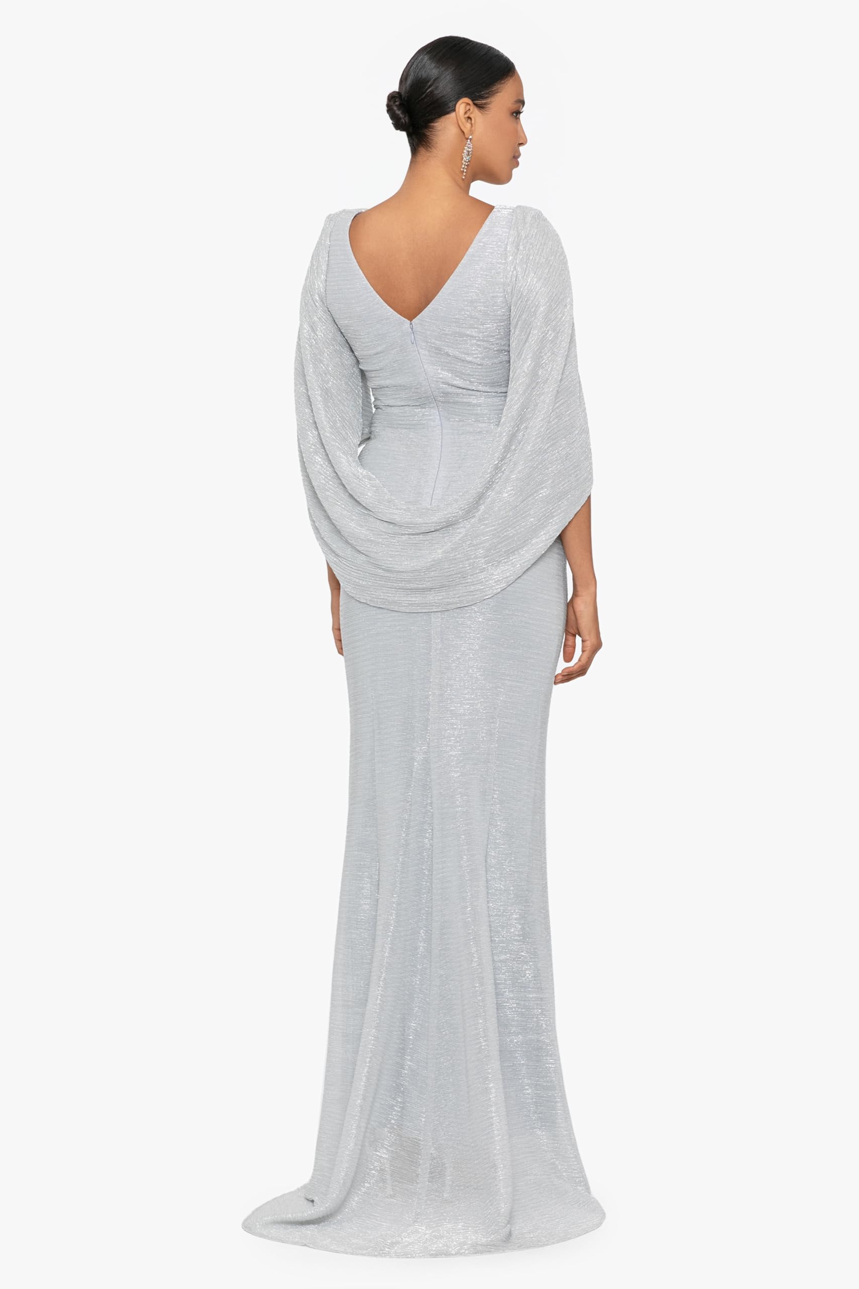 Betsy & Adam Women's Metallic Crinkle Cape Sleeve Long Formal Evening Gown - Perfect for Prom, Black Tie Events & Holiday Parties