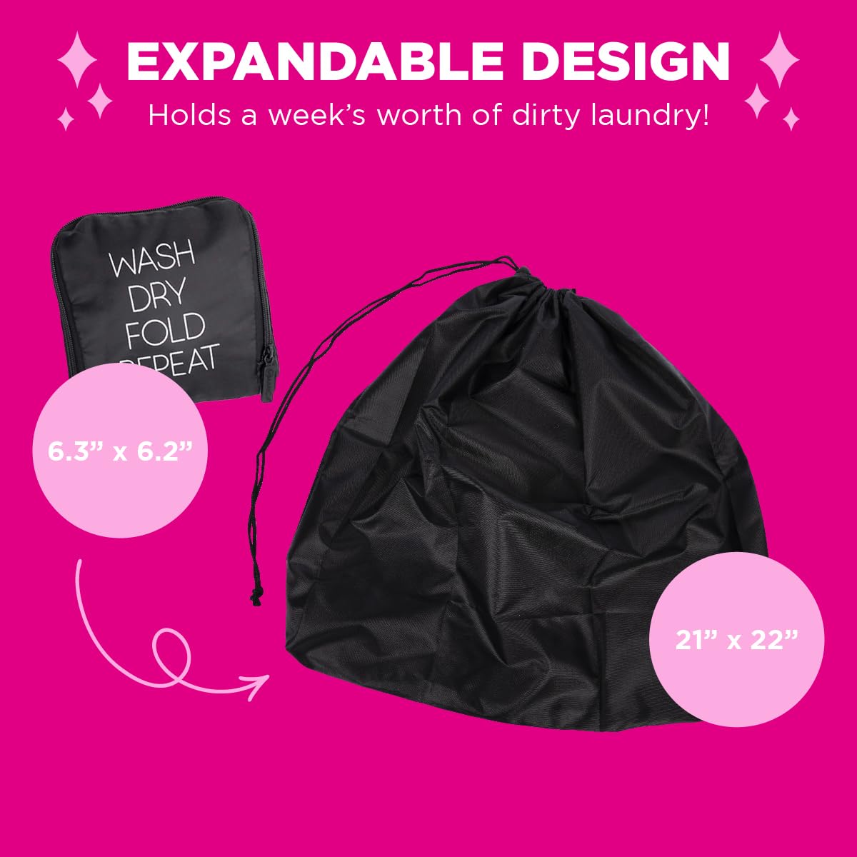 MIAMICA Soft Travel Laundry Bag with Zipper & Drawstring - 21x22 Inch Black Expandable Wash Bag for Dirty Clothes - Durable Foldable Organizer for Suitcase - Perfect for Travel, Camping, Gym & College Dorm