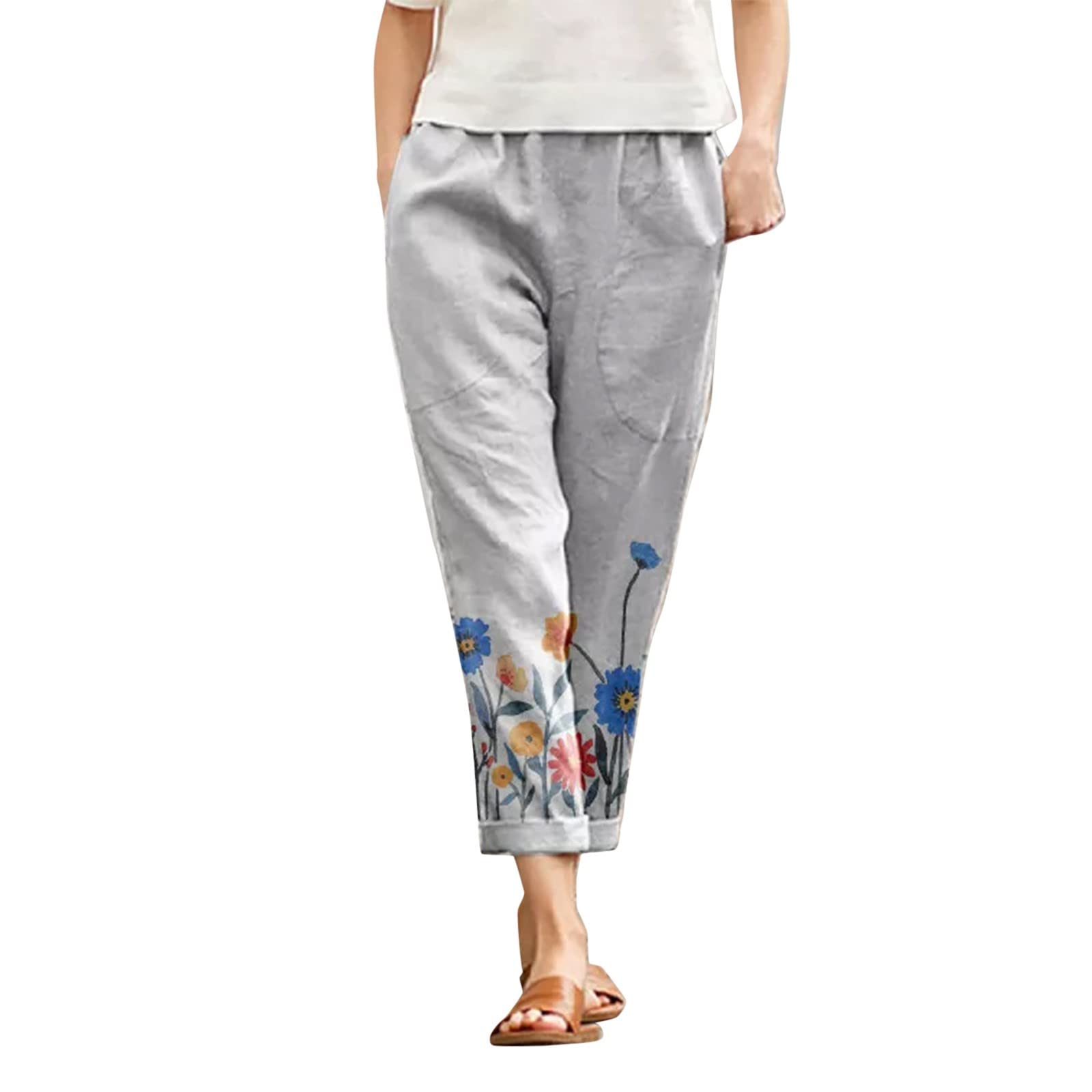 Women's Cotton Linen Capri Pants - High Waisted Wide Leg Cropped Summer Pants with Pockets | Casual Comfort for Beach, Travel & Everyday Wear