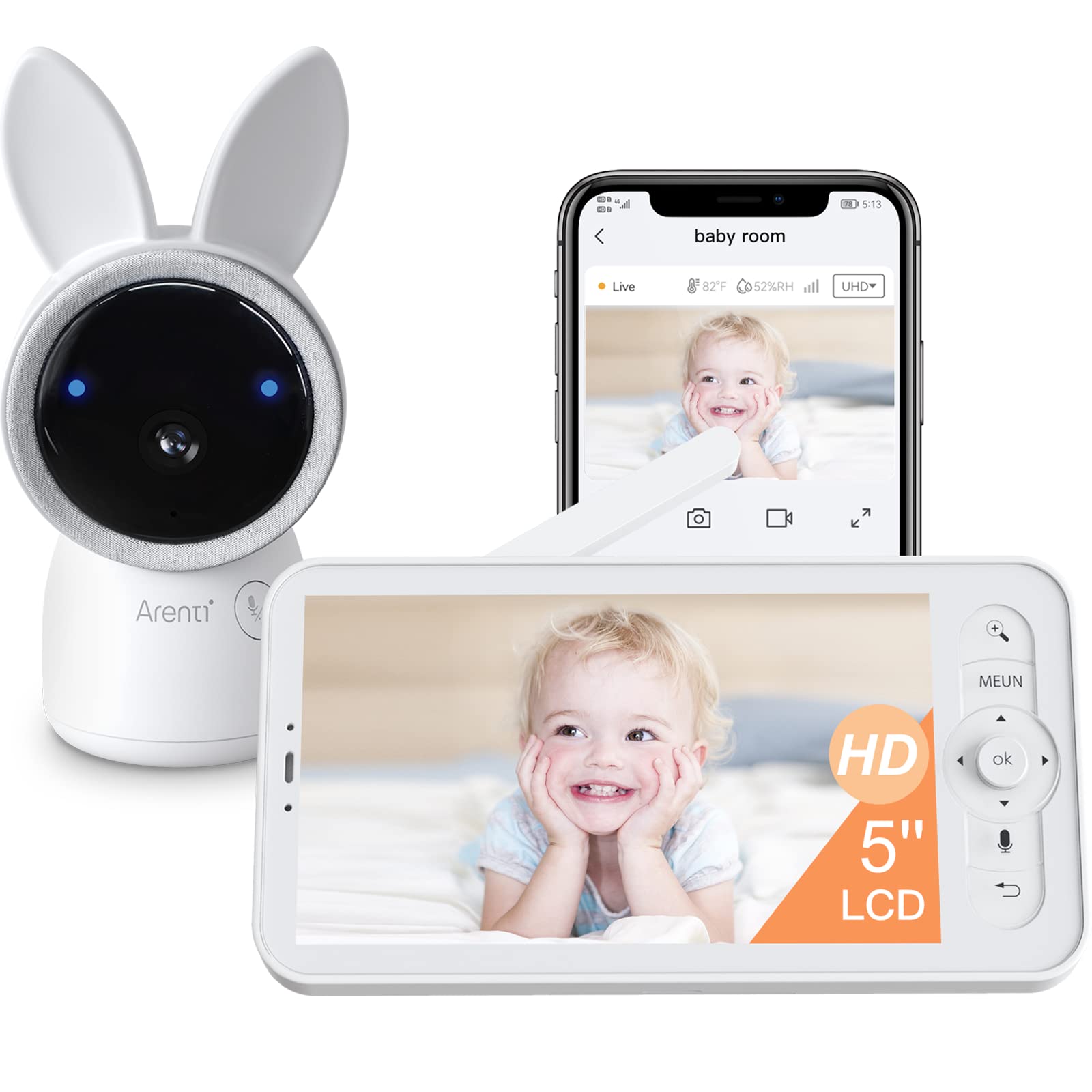 ARENTI 2K Smart Baby Monitor with 5-Inch Wireless Display | Night Vision, Lullabies, Cry & Motion Detection | Nursery Camera with Two-Way Audio & Temp/Humidity Sensor | Perfect for Newborns, Toddlers & Home Security