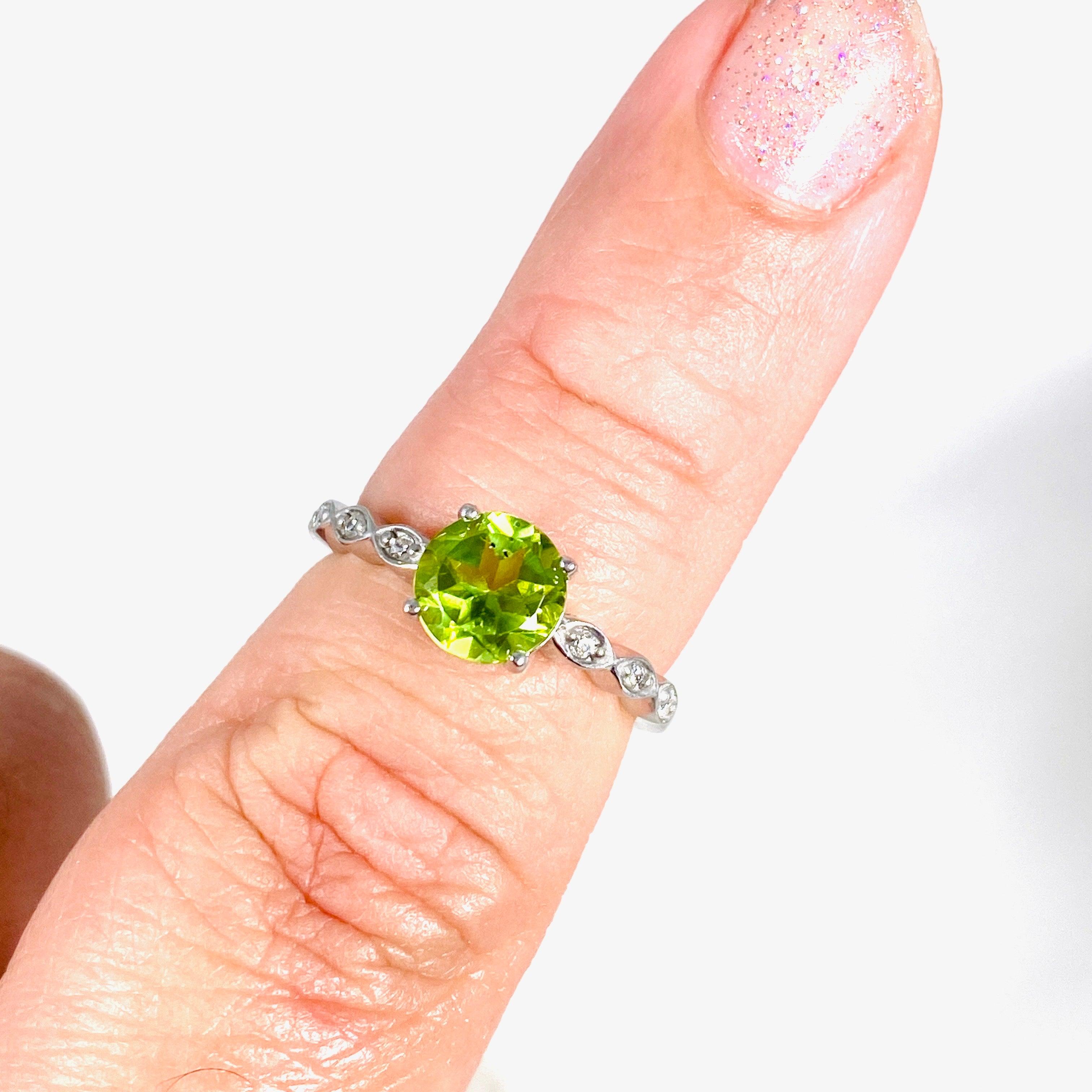 Peridot Round Faceted Ring with CZ Stones - 925 Sterling Silver Jewelry for Women - Perfect for Engagement, Wedding & Everyday Wear