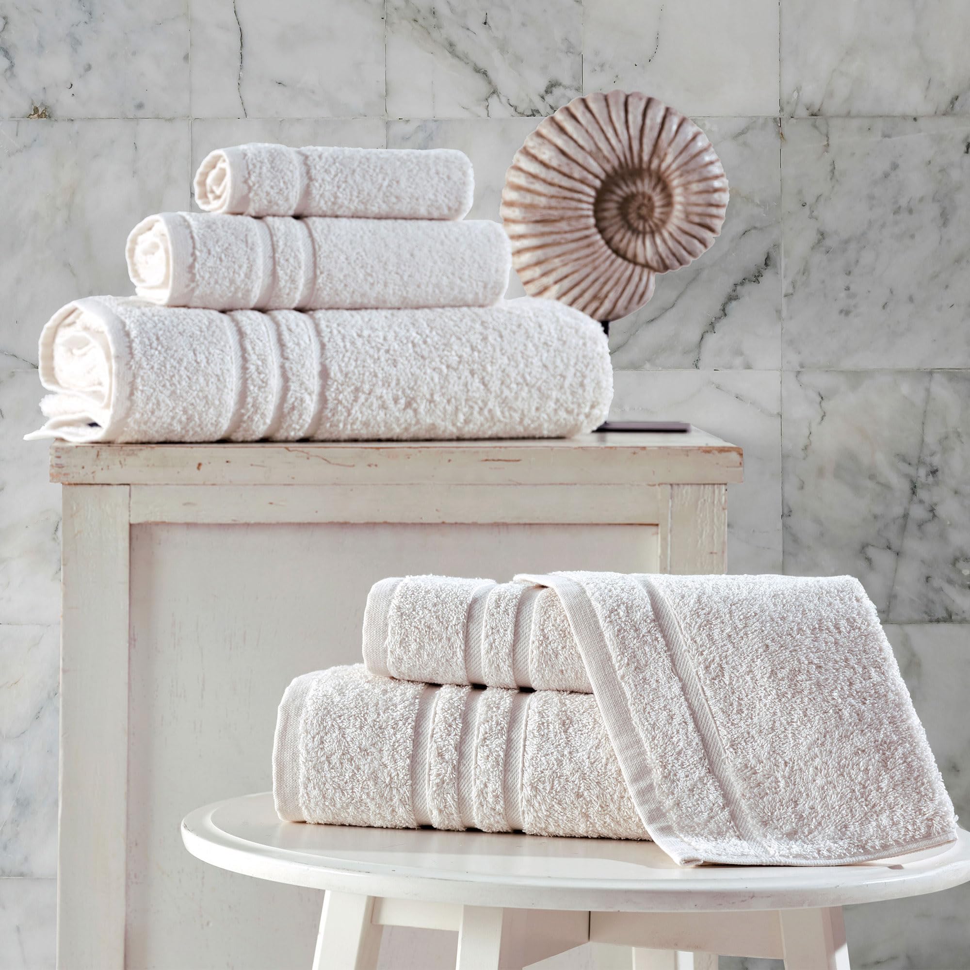 Premium 6-Piece Turkish Cotton Bath Towel Set - 2 Bath Towels, 2 Hand Towels & 2 Washcloths | Ultra Soft, Highly Absorbent Linen Cream Towels for Spa, Bathroom & Luxury Home Use (Sea Salt Color)