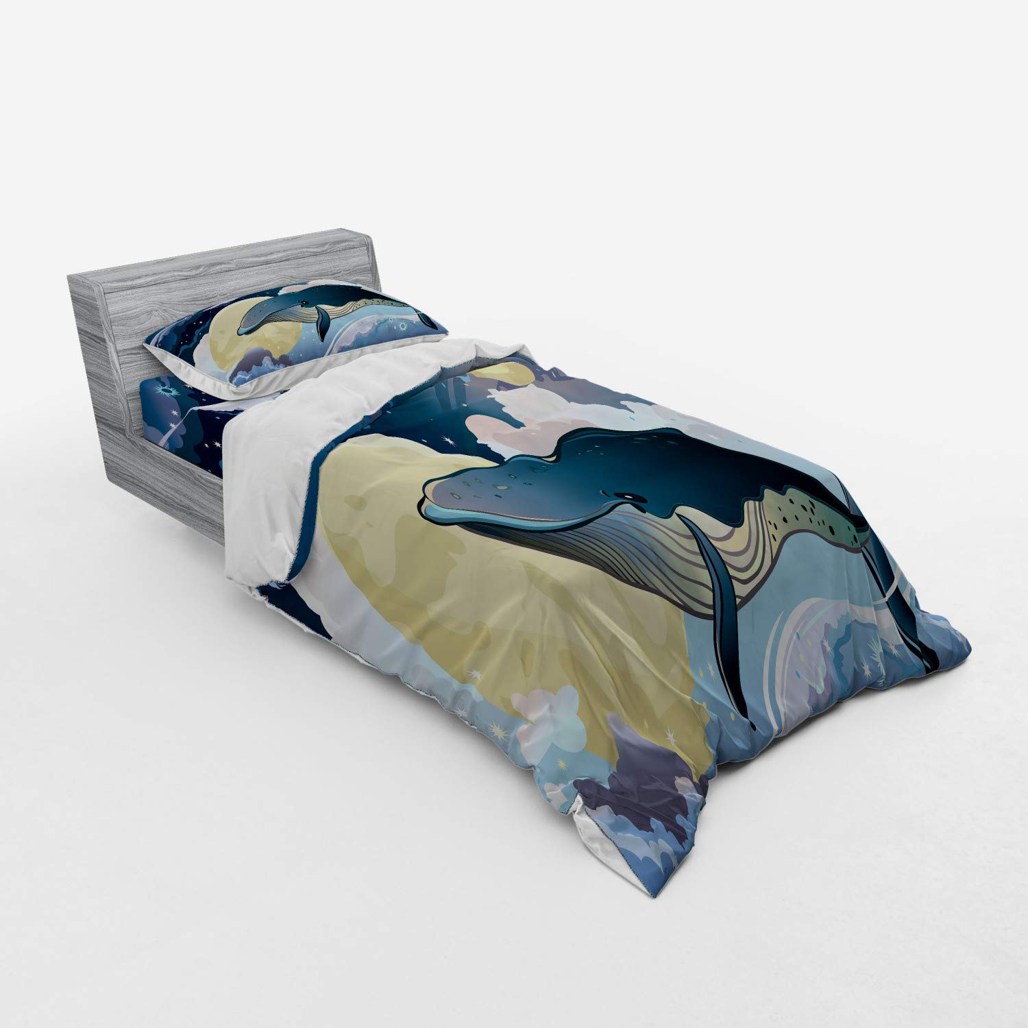 Ambesonne Cartoon Bedding Set - Modern Bohemian 3-Piece Duvet Cover with Sham & Fitted Sheet, Twin XL, Night Blue & White | Fish & Planets Illustration, Perfect for Kids' Rooms & Bohemian Bedroom Decor