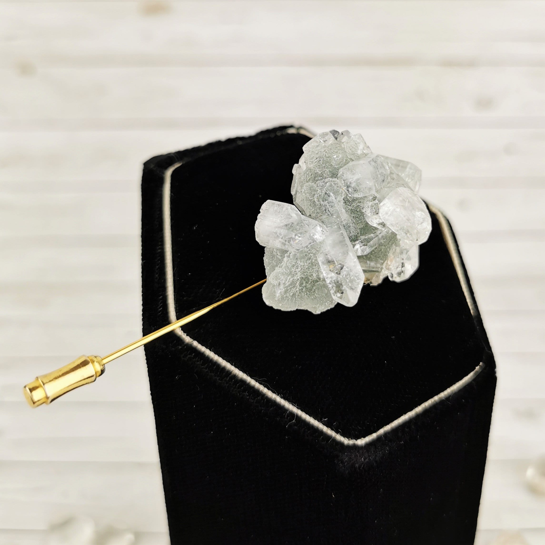 Natural Apophyllite Crystal Boutonniere Pin - Healing Stone for Men's Suits, Wedding, Prom & Formal Events