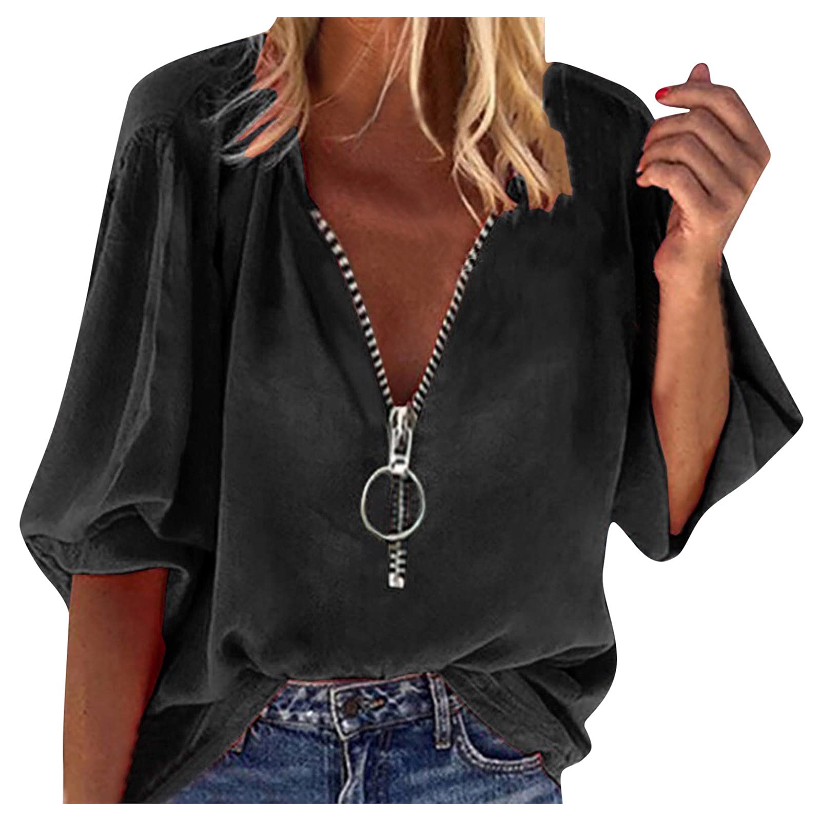 Eoailr Women's V-Neck Long Sleeve T-Shirt - Zipper Detail Solid Color Casual Loose Blouse | Summer Linen Top for Work, Travel & Everyday Wear