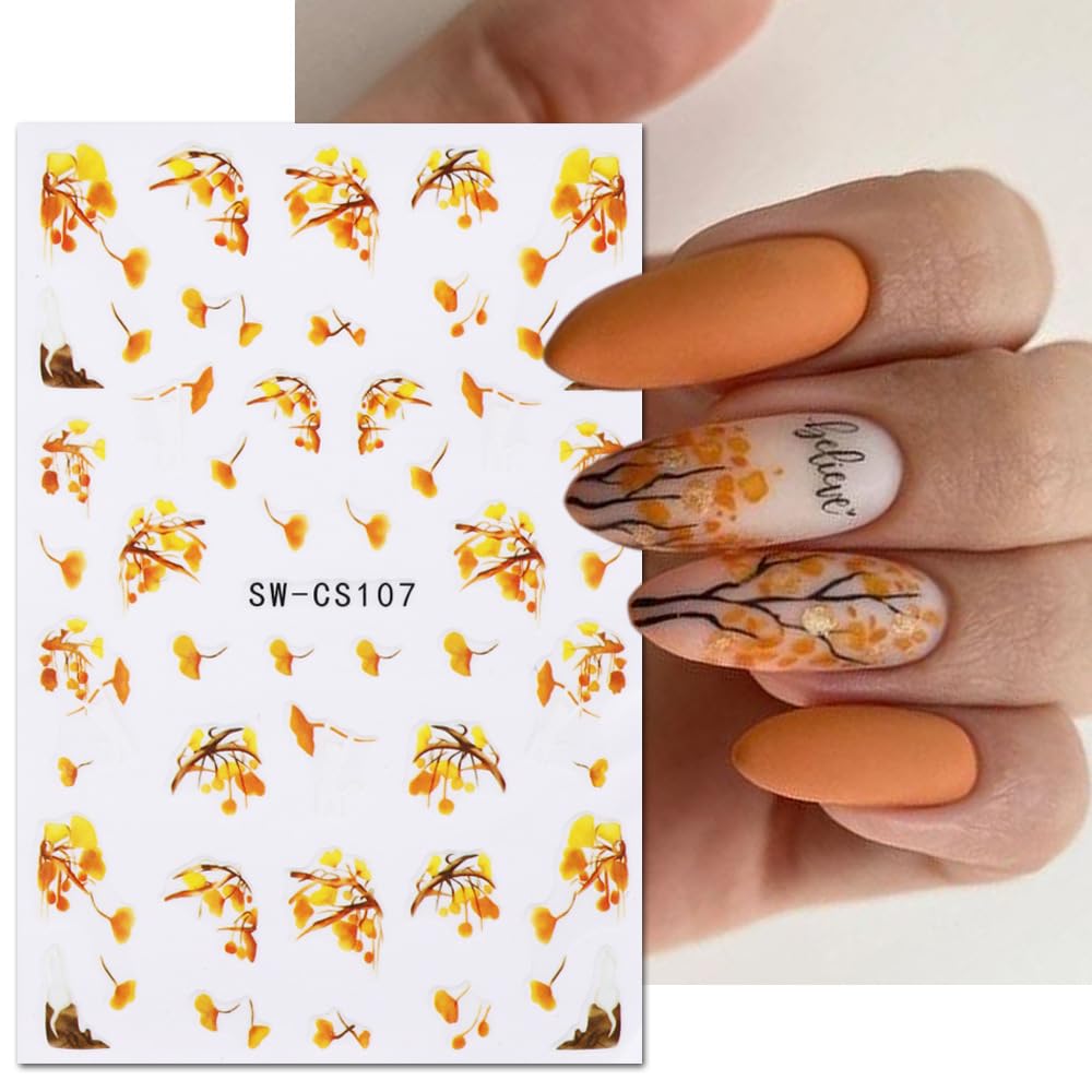 **Fall Nail Stickers - 8 Sheets Autumn Nail Decals with 3D Self-Adhesive Maple Leaf, Ginkgo & Gold Yellow Leaves - Acrylic Nail Art Designs for Women, Girls & Kids - Perfect for Thanksgiving, Halloween & Seasonal Manicures**