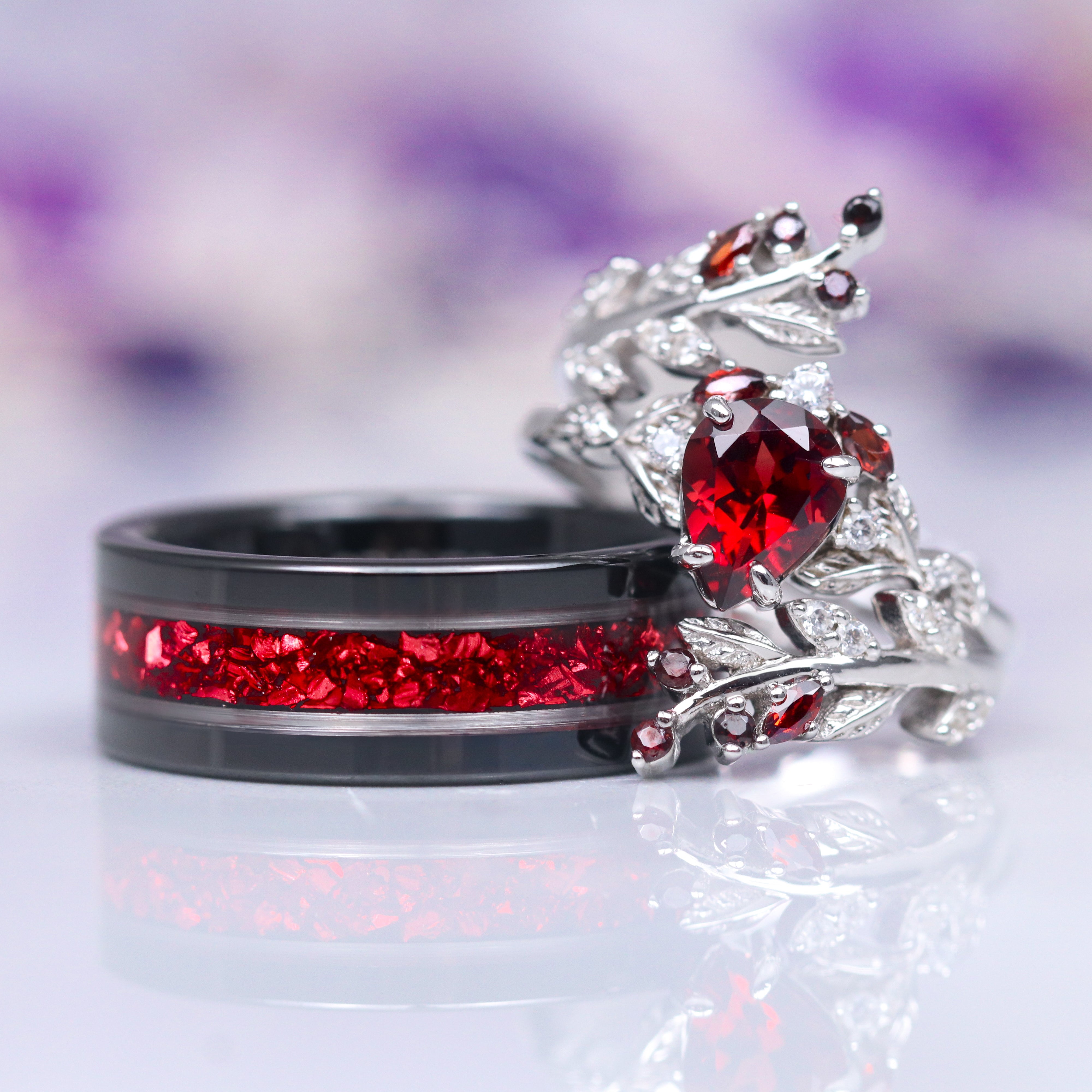 Natural Garnet Fairy Leaf Ring - Sterling Silver Two Piece Set for Women, Boho Chic Jewelry - Perfect for Weddings, Parties & Everyday Wear