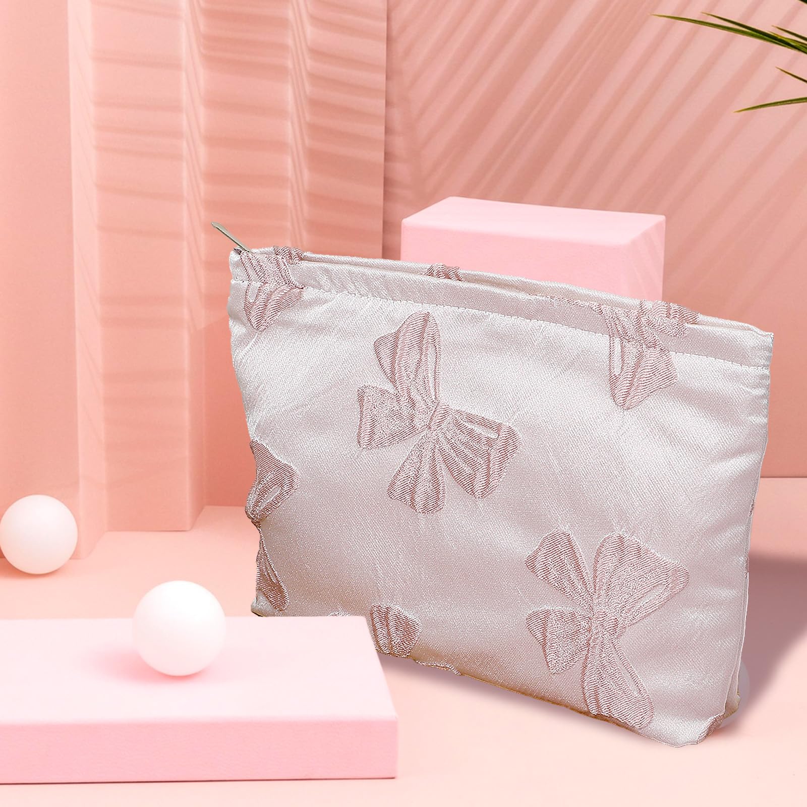 Large Makeup Bag for Women - Cute Aesthetic Preppy Cosmetic Pouch with Zipper, Bow Design & Canvas Material | Travel Toiletry Organizer, Skincare Storage | Perfect for Travel, Gym, Daily Use & Gift Giving