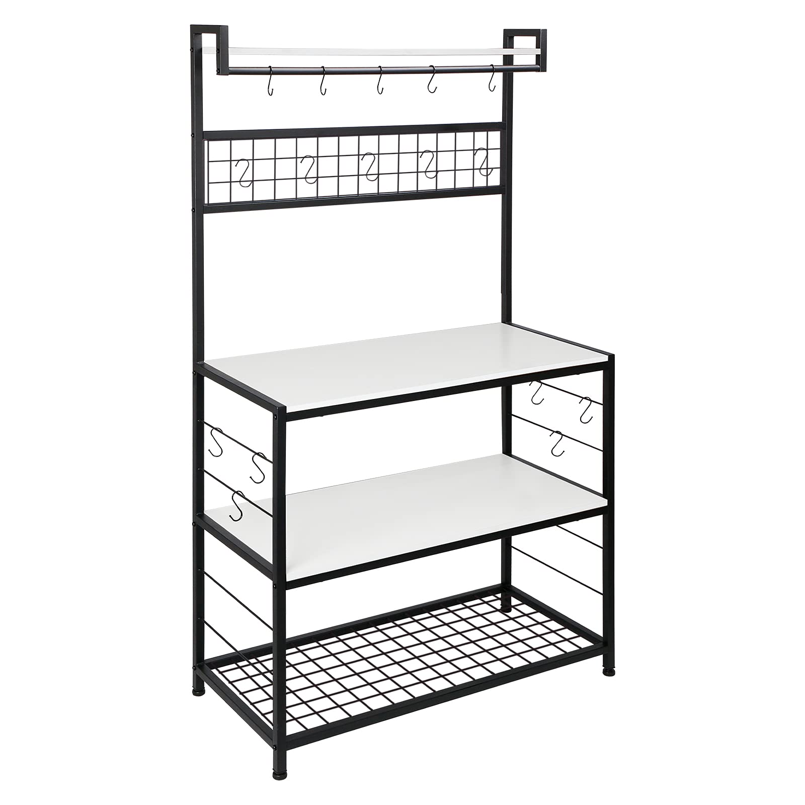 Homekoko Industrial Kitchen Bakers Rack with 16 Hooks for Microwave Oven & Cooking Utensils - Black & White Storage Shelf for Small Spaces, Apartments & Dorm Rooms