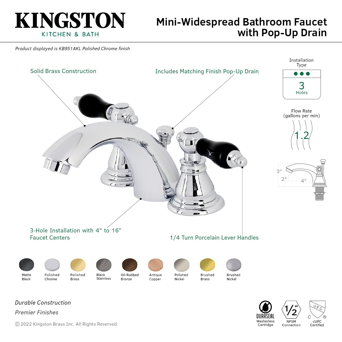 Kingston Brass KB955AKL Duchess Mini-Widespread Bathroom Faucet - Oil Rubbed Bronze Finish with Plastic Pop-Up Drain, 12