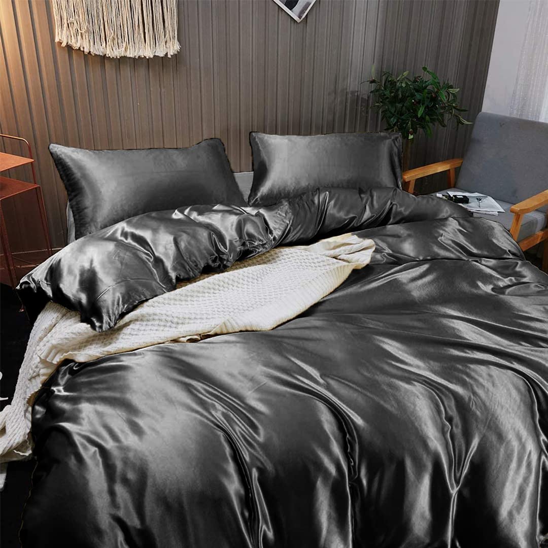Luxury 7-Piece California King Silk Satin Sheet Set - Breathable Cooling Bedding with Deep Pockets - Wrinkle-Free Hotel Quality Duvet Cover - Dark Grey Comfy Sheets for Master Bedroom & Guest Room