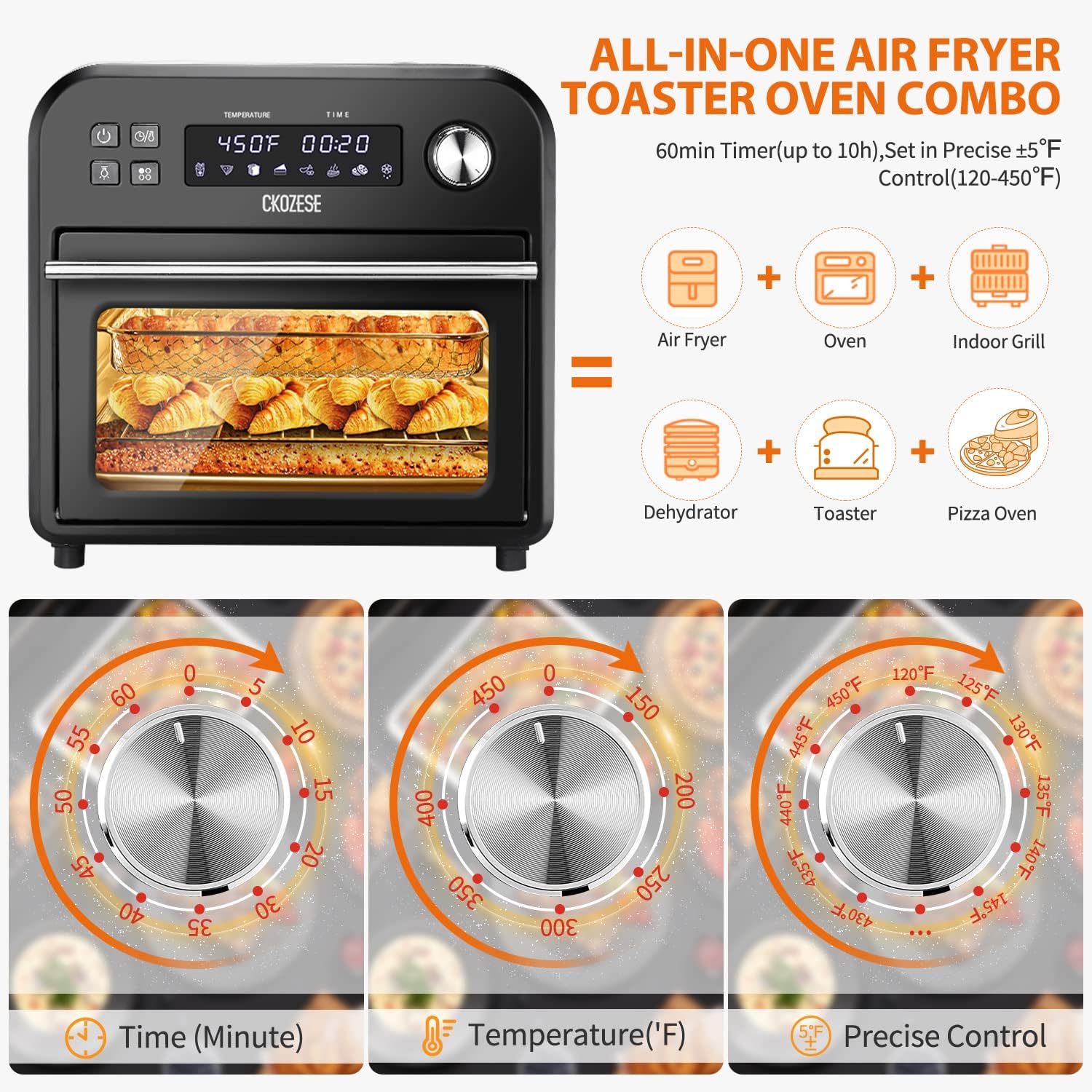 14QT Air Fryer Toaster Oven - 8-in-1 Smart Countertop Convection Oven with Grill, Roast, Bake, Broil & Dehydrate Functions | Stainless Steel Oil-Free Cooking | Includes 45 Recipes & Accessories | Perfect for Healthy Meals, Family Dinners & Party Snacks