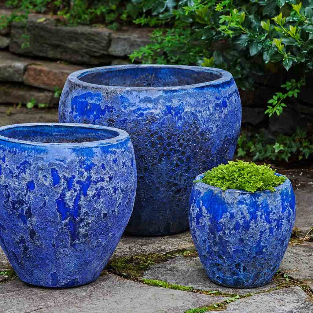 Campania International Symi Planter Set of 3 in Angkor Blue - Elegant Outdoor Garden Planters for Patio, Deck & Home Decor