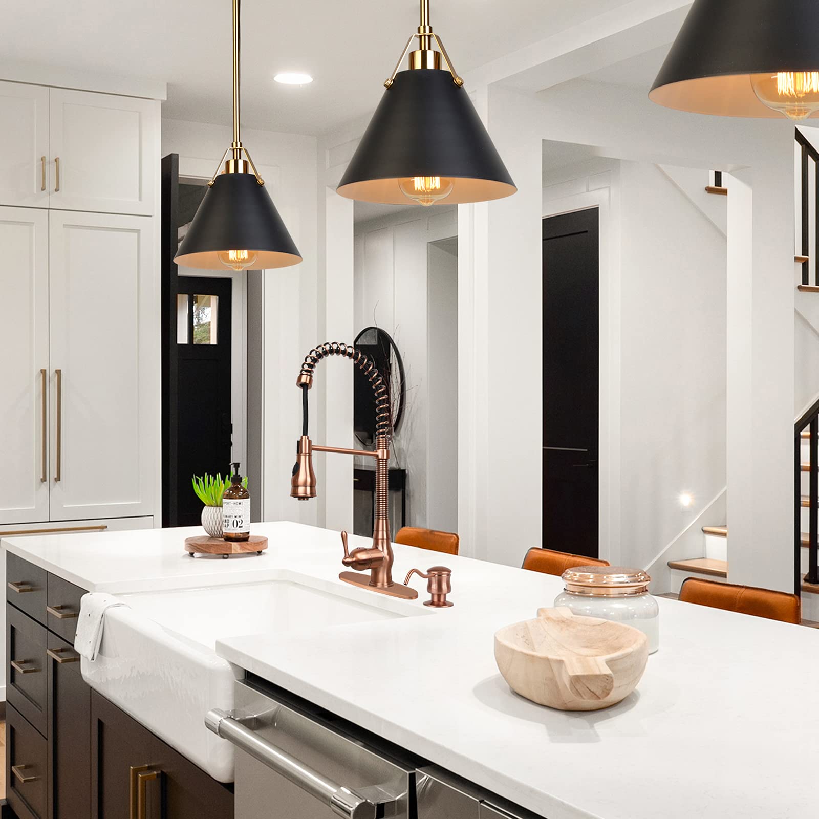 Akicon Single Handle High Arc Pull Down Kitchen Faucet with Soap Dispenser - Solid Brass Construction with Deck Plate (Model OH518A) - Perfect for Modern Farmhouse & Commercial Kitchen Sinks
