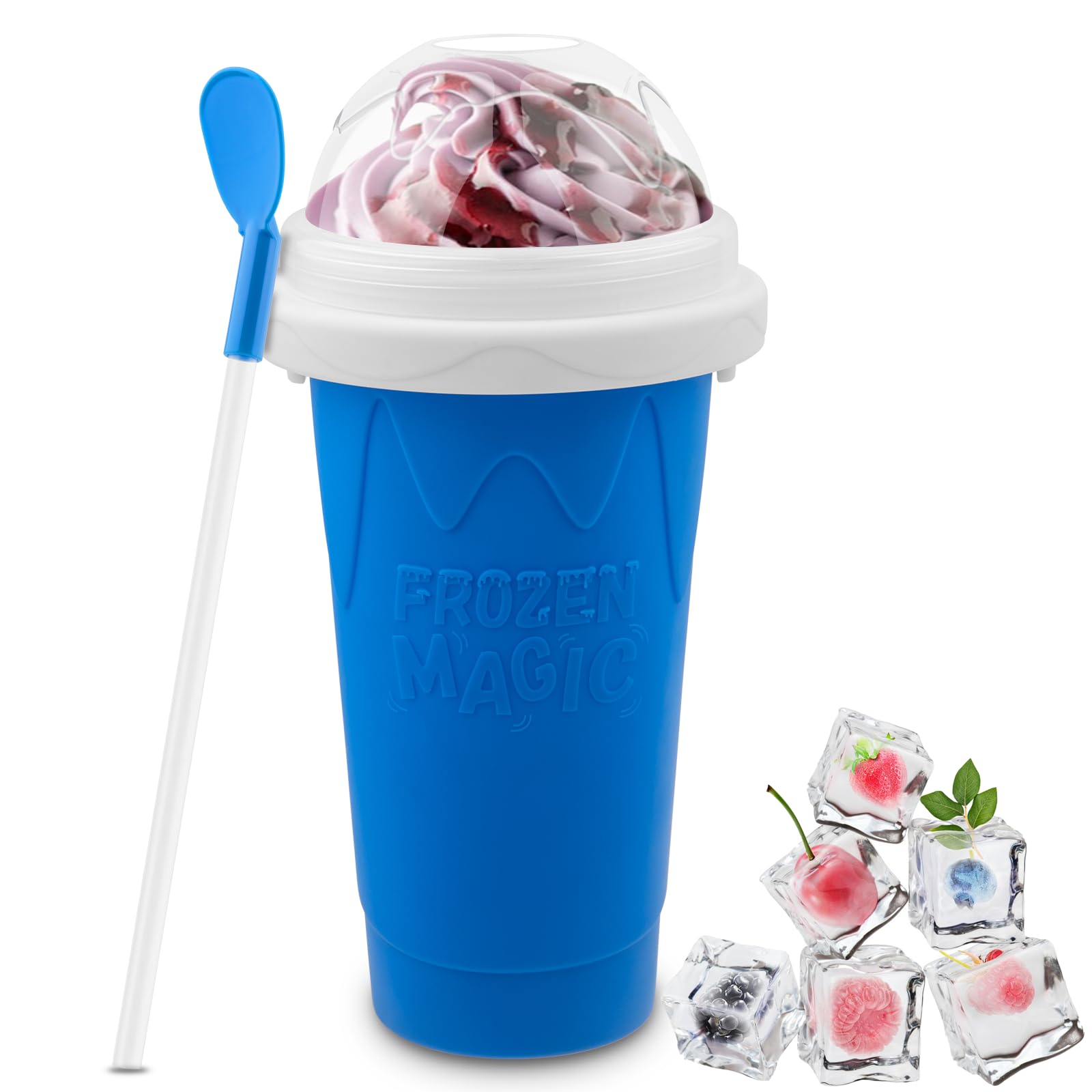 Magic Slushie Maker Cup - DIY Portable Smoothie Squeeze Cup for Juices, Milk & Ice Cream - Double Layer Silica Cup with Lid & Straw - Perfect for Summer Drinks, Parties & Family Gifts (Dark Blue)