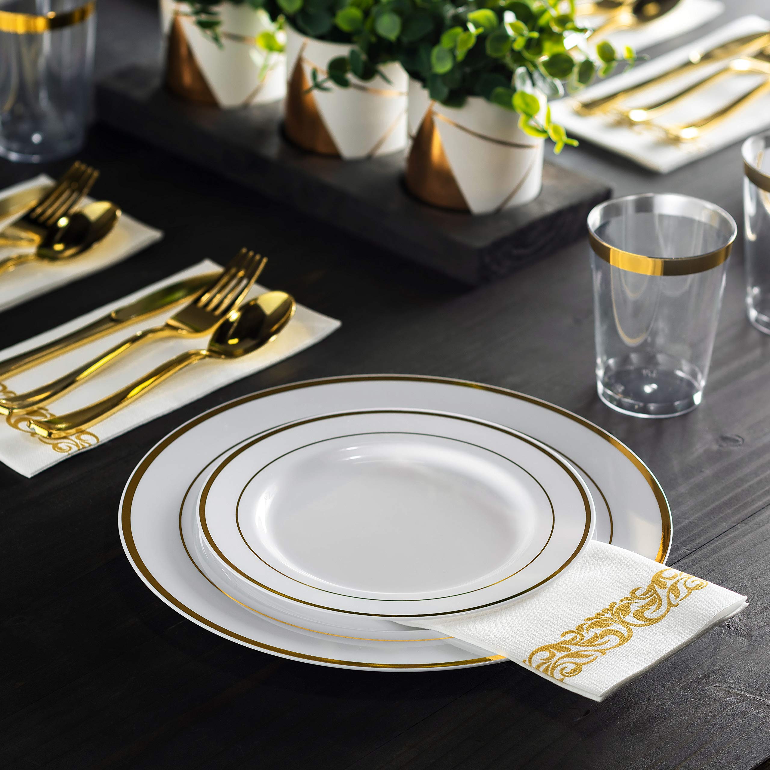 350-Piece Gold Dinnerware Set - Elegant Disposable Gold Lace Design Plates, Cups, Silverware & Napkins for 50 Guests - Perfect for Weddings, Parties, Banquets & Special Events