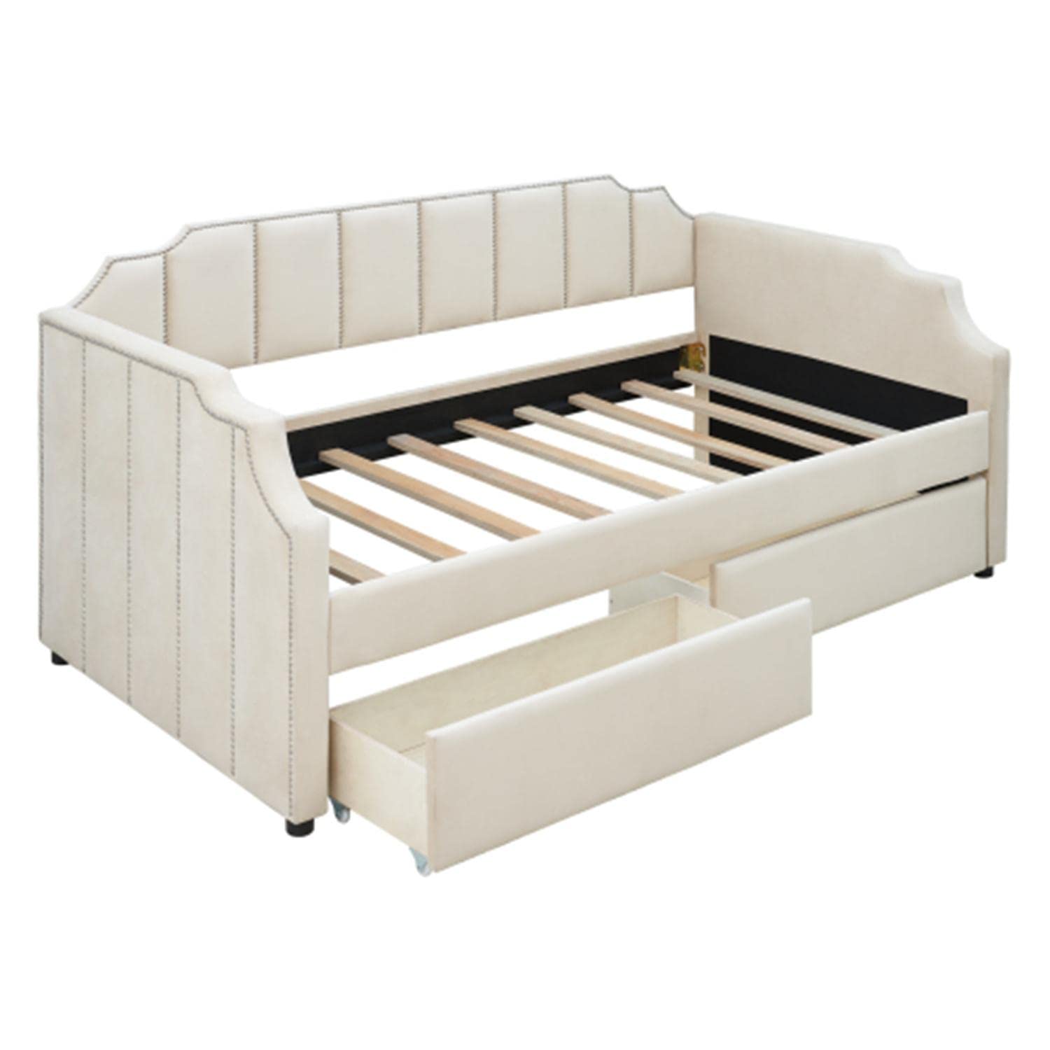 Twin Size Daybed Frame with 2 Drawers - Modern Upholstered Sofa Bed for Bedroom & Living Room, Beige | Space-Saving Sleeper Solution for Guest Rooms, Dorms & Small Apartments