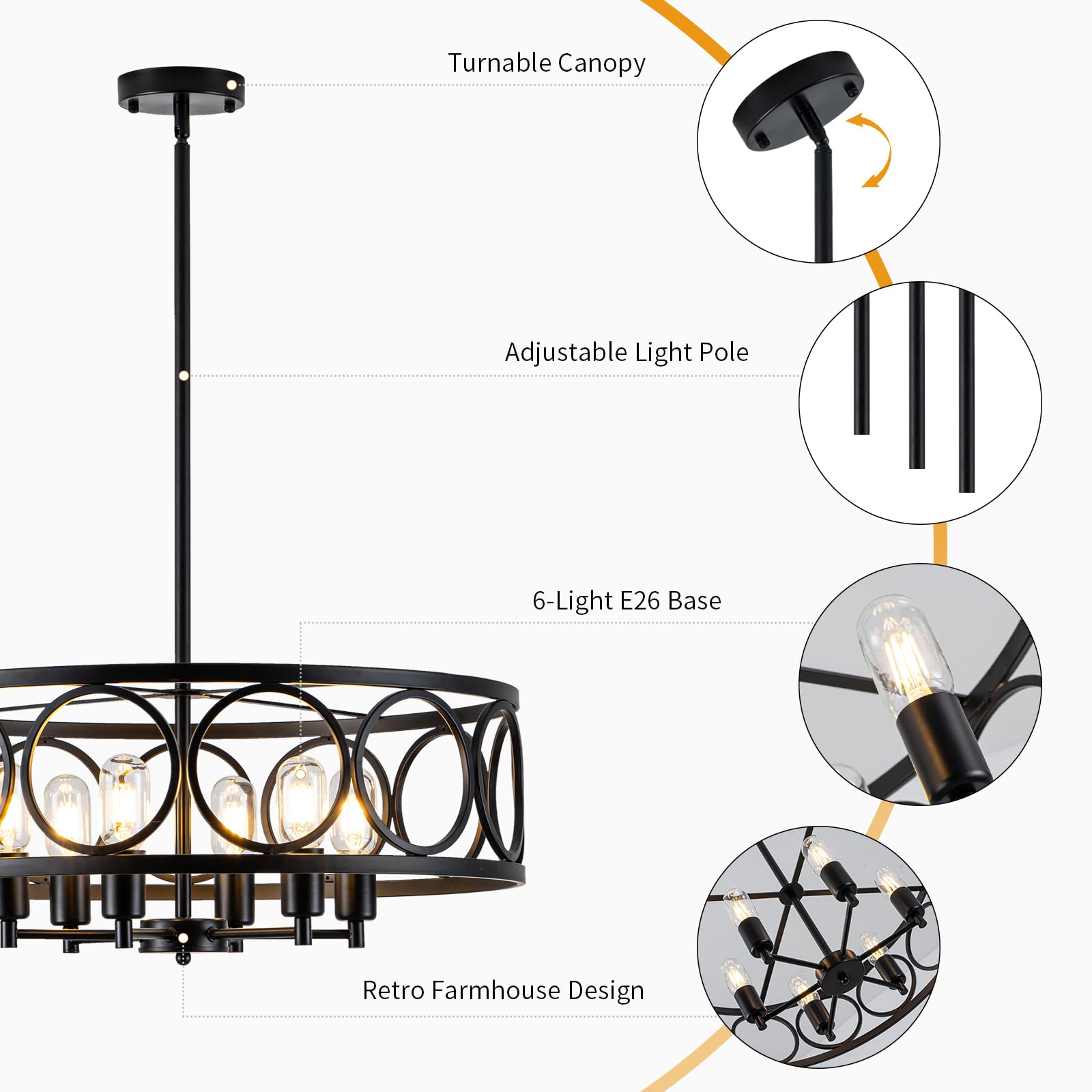 Black Farmhouse Chandelier - 6-Light Rustic Drum Dining Room Pendant Light - 23.6