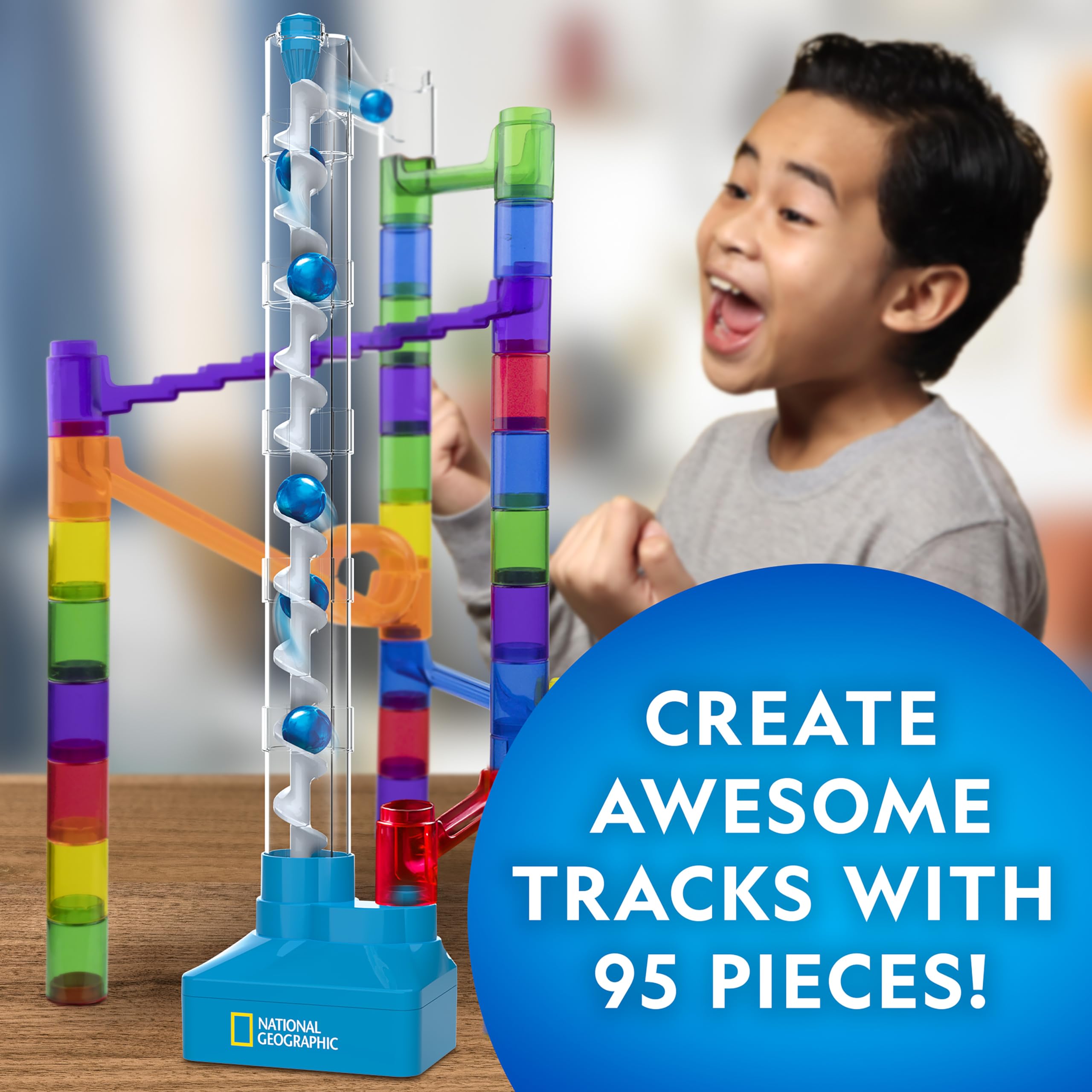 National Geographic Marble Run STEM Toy - 95-Piece Motorized Marble Maze with Spiral Elevator, 20 Glass Marbles & Perpetual Motion Machine | Educational Physics Building Kit for Kids | Perfect STEM Gift for Boys & Girls | Classroom Science Activity & Family Game Night Fun