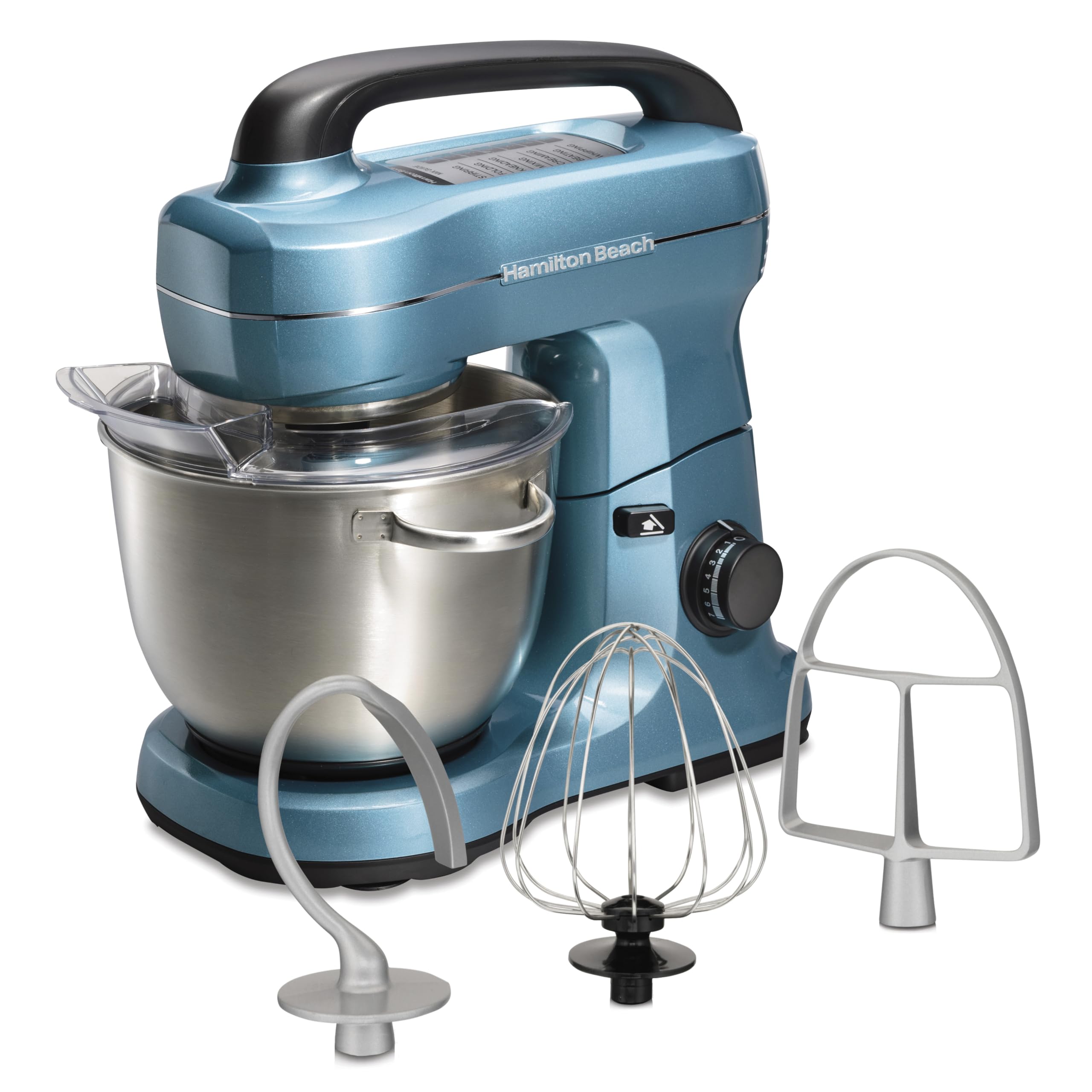 Hamilton Beach 4-Quart Electric Stand Mixer with Dough Hook, Flat Beater & Whisk - 7 Speed Settings & Splash Guard - Perfect for Baking Cakes, Cookies & Bread Dough (Blue)