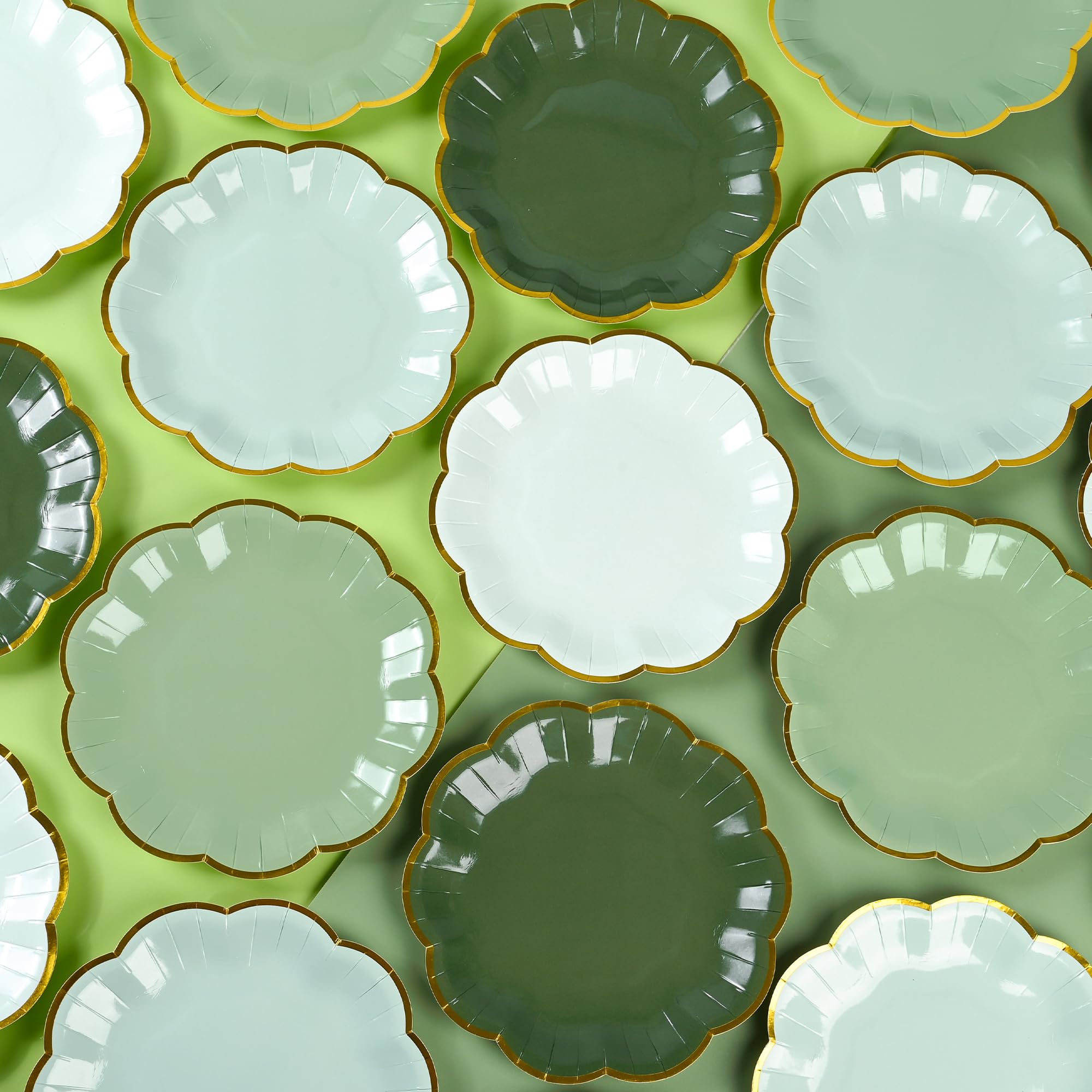 **Elegant Sage Green Disposable Cake Plates - 7 Inch Gold Foil Scalloped Edge Dessert Plates for Birthday, Bridal, Baby Shower & Wedding Party Supplies (24-Pack) - Perfect for Elegant Celebrations & Special Events**