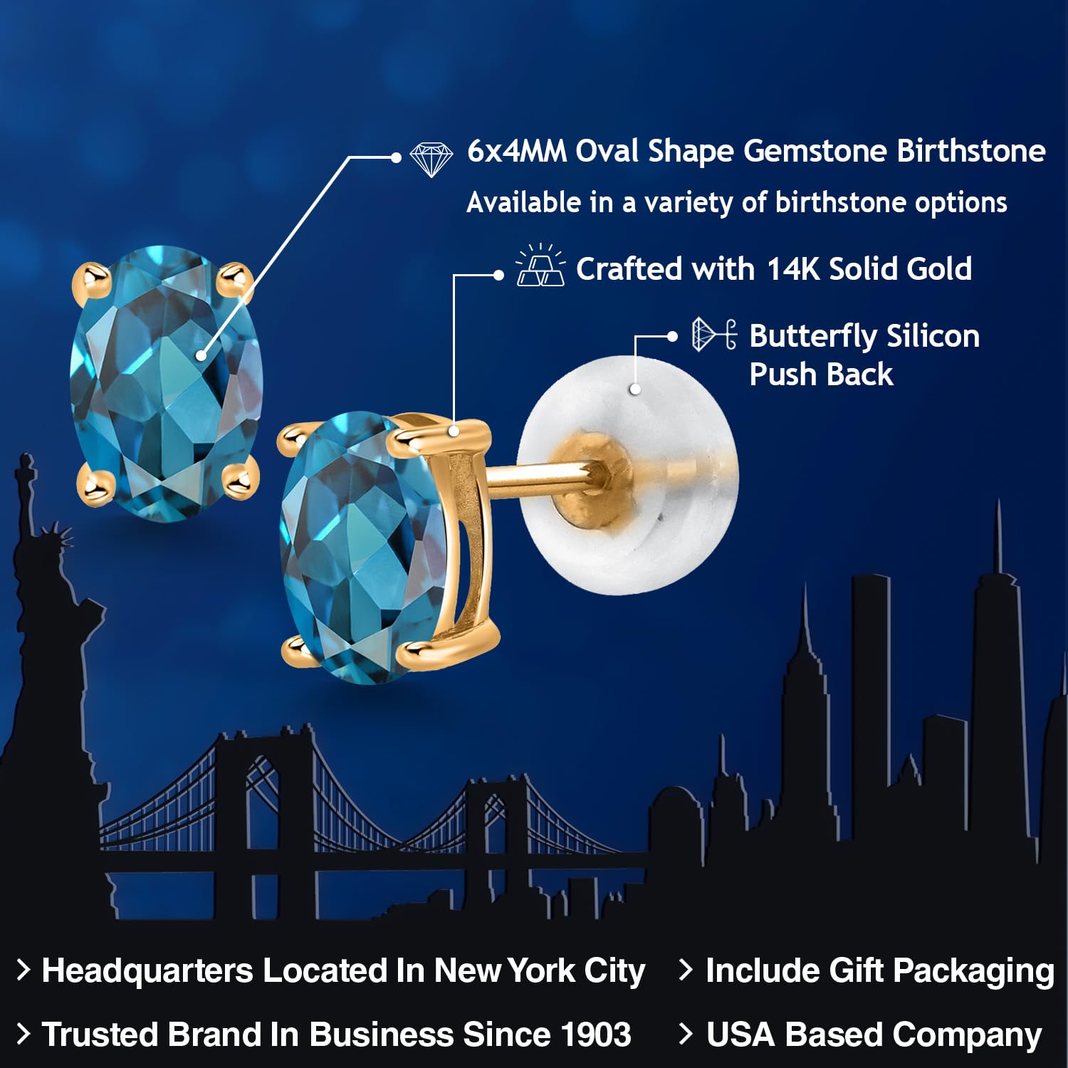 14K Gold Gemstone Birthstone Oval Stud Earrings for Women & Men | 6x4mm Oval Cut | Fine Jewelry Gift for Her, Mom, Wife | Anniversary, Birthday, Valentine's Day Present | Everyday Wear & Special Occasions
