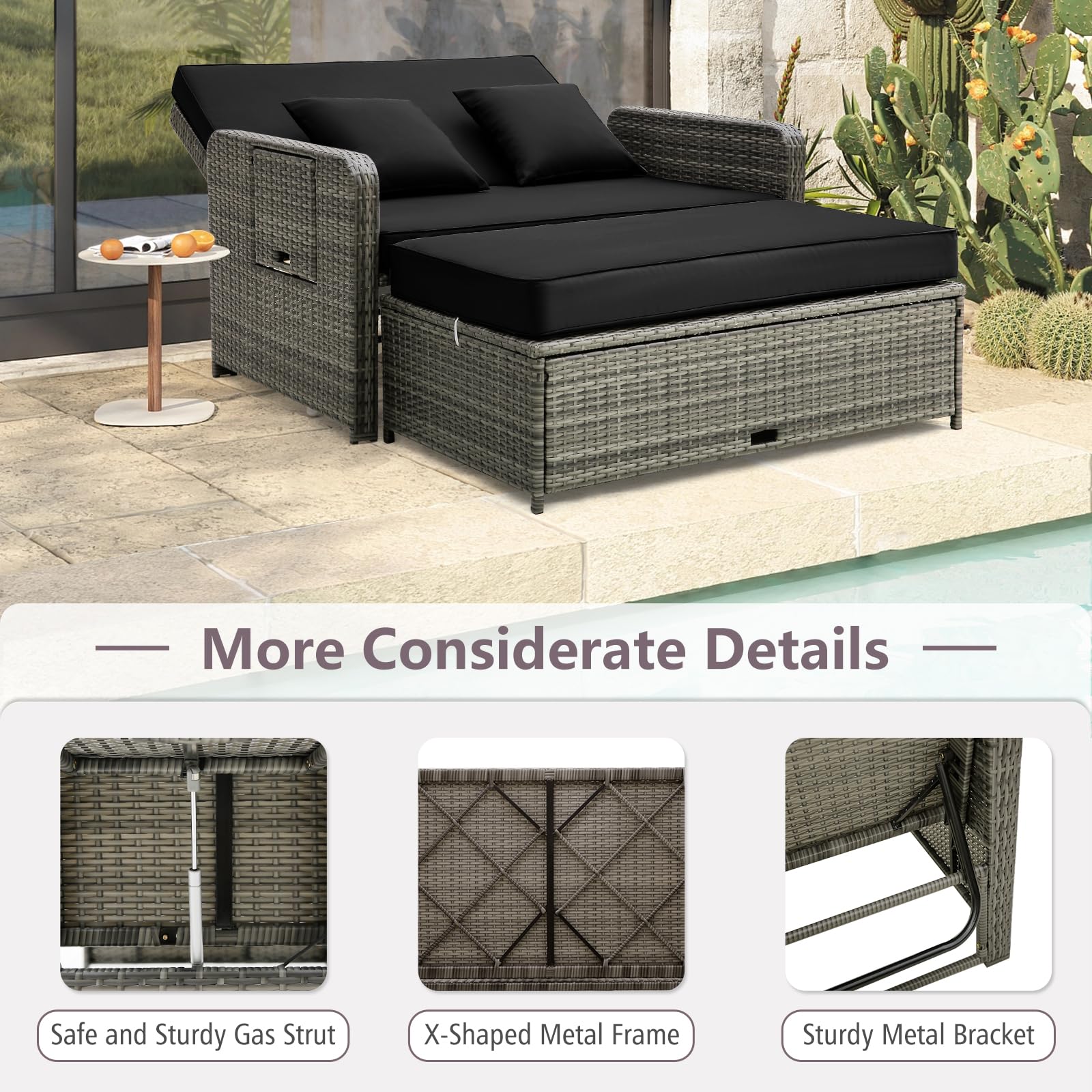 Tangkula Outdoor Patio Rattan Daybed Set with Adjustable Backrest - Wicker Loveseat Sofa, Ottoman & Side Tray - Includes Storage Footstool & Cushions - Perfect for Backyard, Garden, Poolside Relaxation