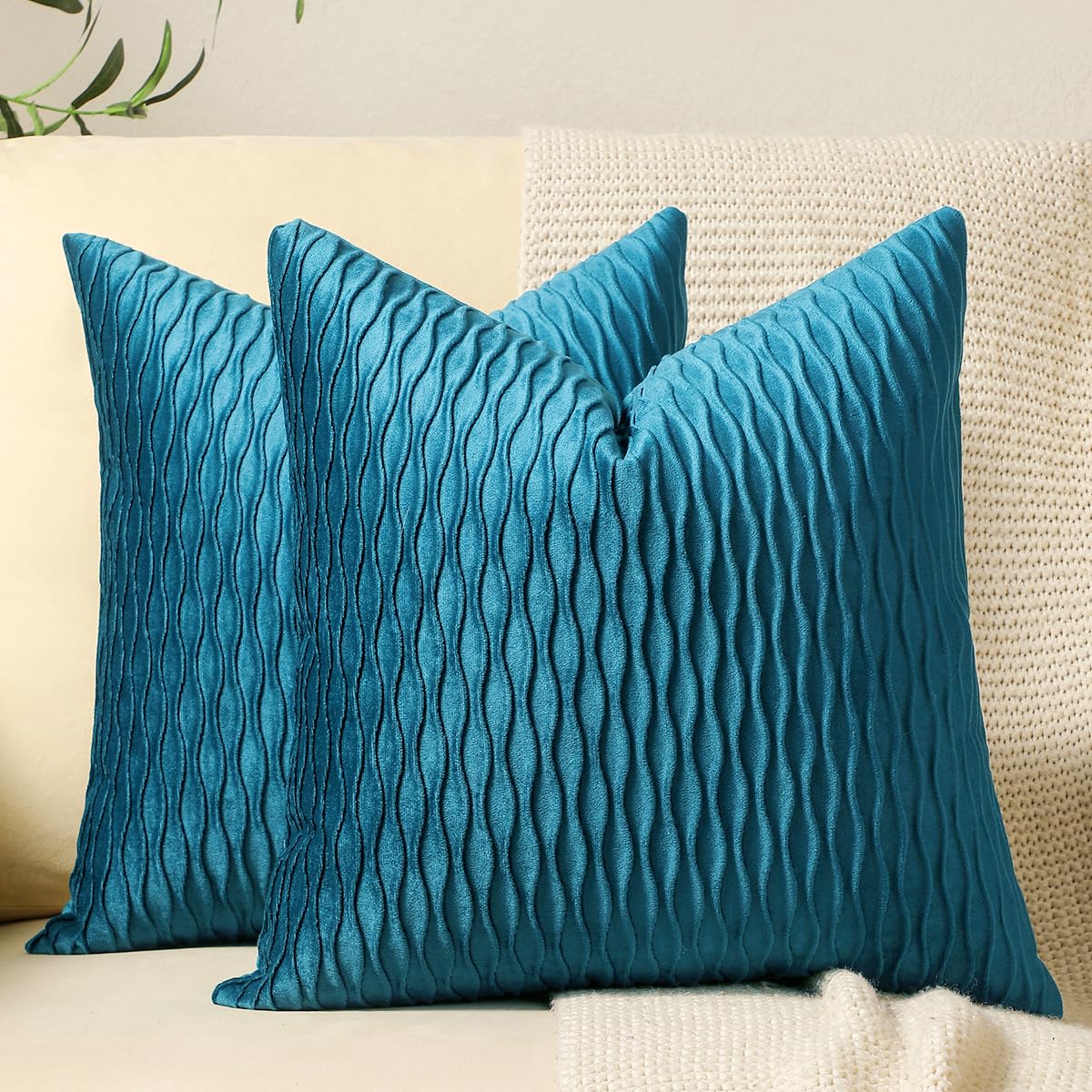 DEZENE Turquoise Throw Pillow Covers 20x20 Inches - 2 Pack Striped Velvet Square Pillow Cases for Farmhouse Couch, Sofa & Bed Decor - Soft Decorative Cushion Covers for Living Room, Bedroom