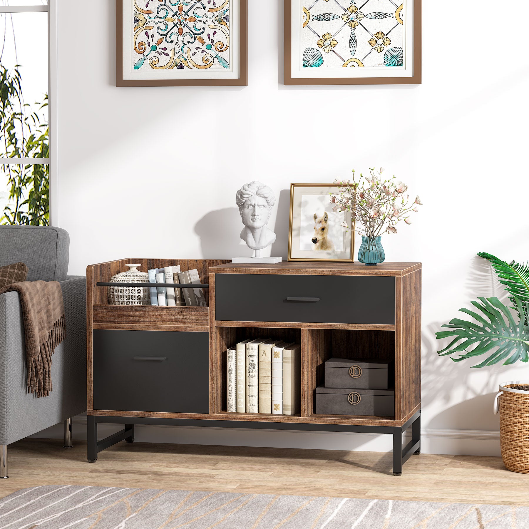 39 Inch Rustic Lateral File Cabinet with 2 Drawers - Wooden Office Storage Solution for Home & Business Organization