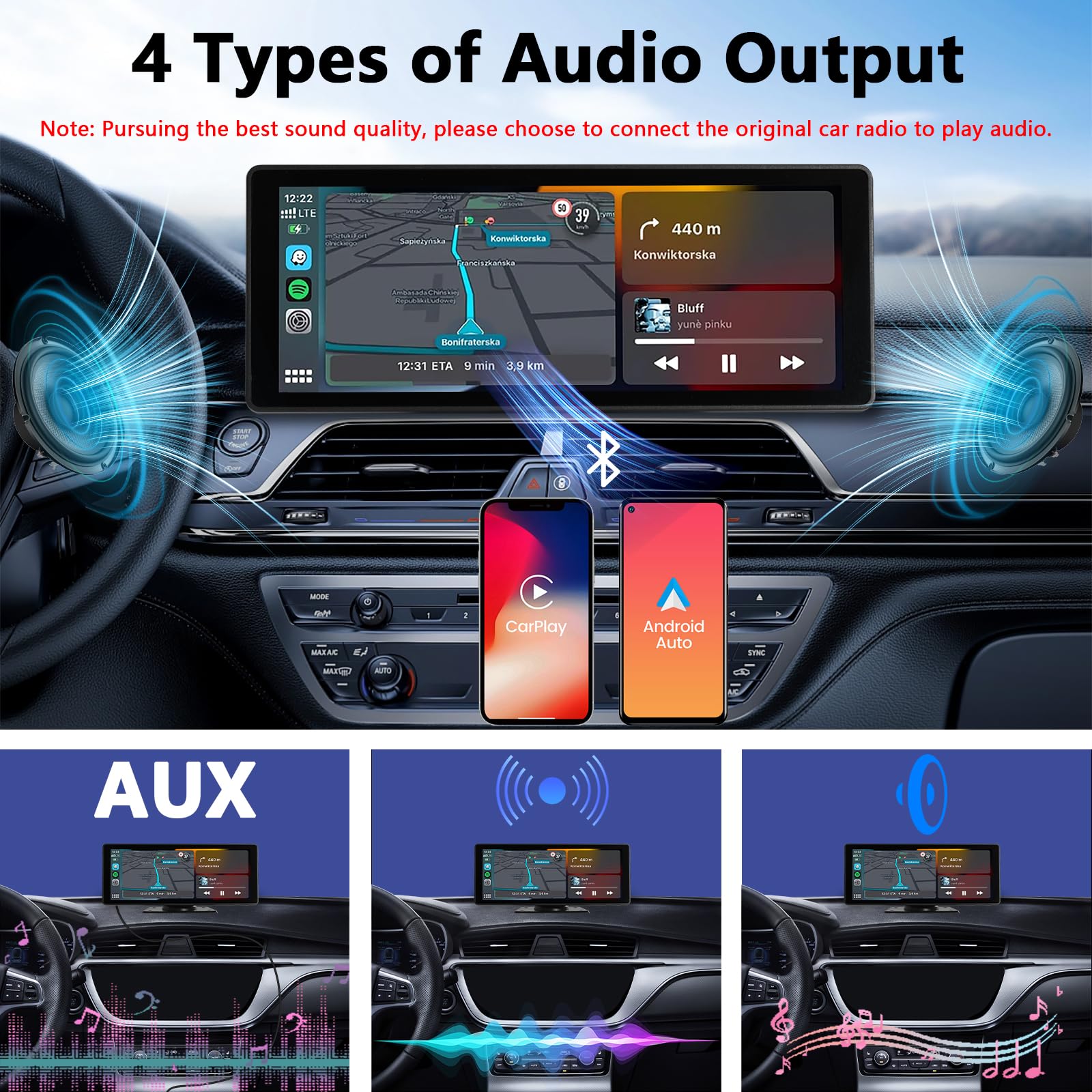 10.26 Inch Wireless Apple CarPlay & Android Auto Touch Screen Car Stereo - Portable GPS Navigation with Backup Camera, Bluetooth, Mirror Link & TF Card Support - Perfect for Road Trips, Commuting & Hands-Free Driving
